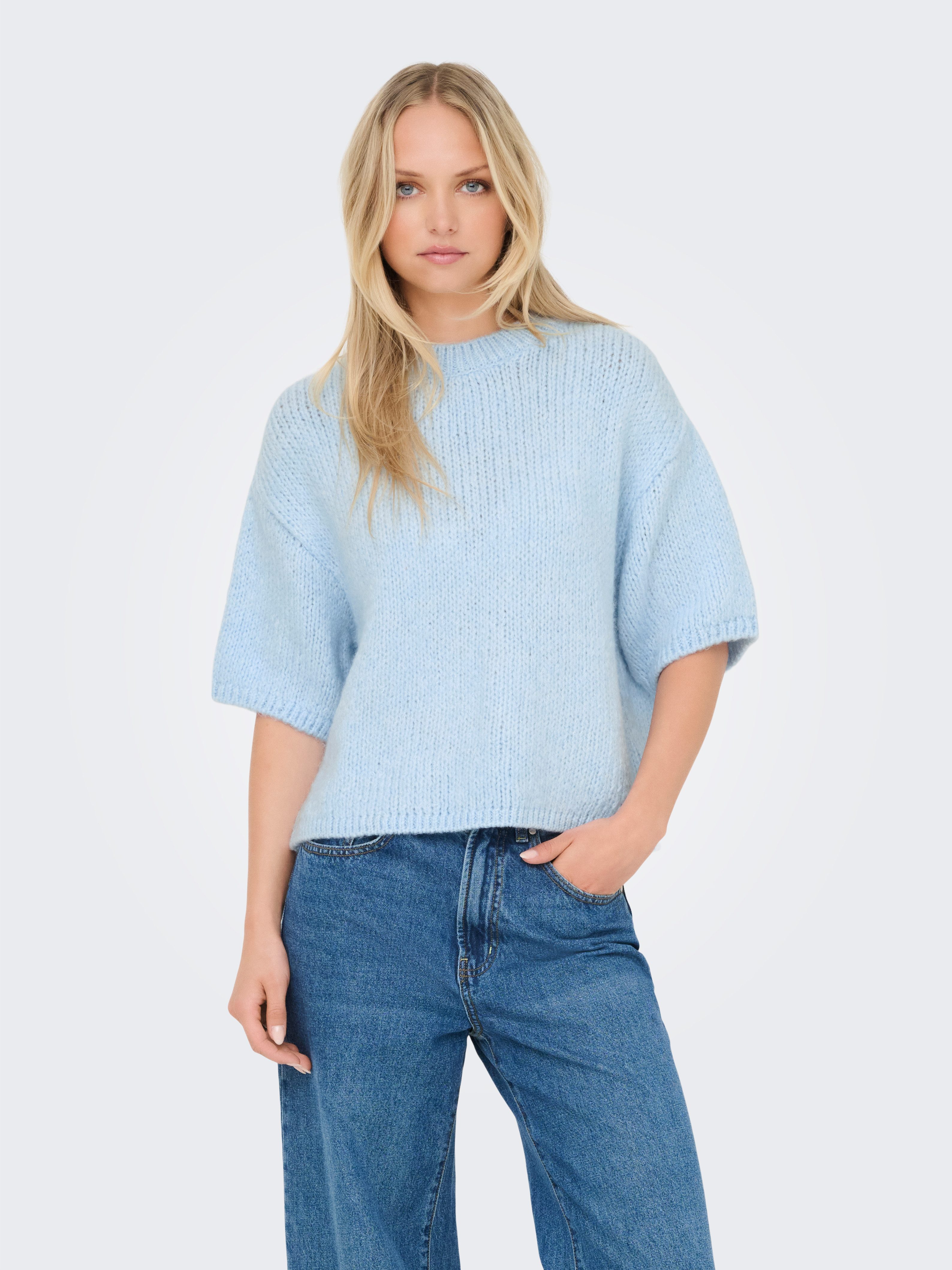 JDY Kurzarmpullover JDYLINEA S/S PULLOVER O-NECK KNT NOOS Kunstfaser, Rippstrick