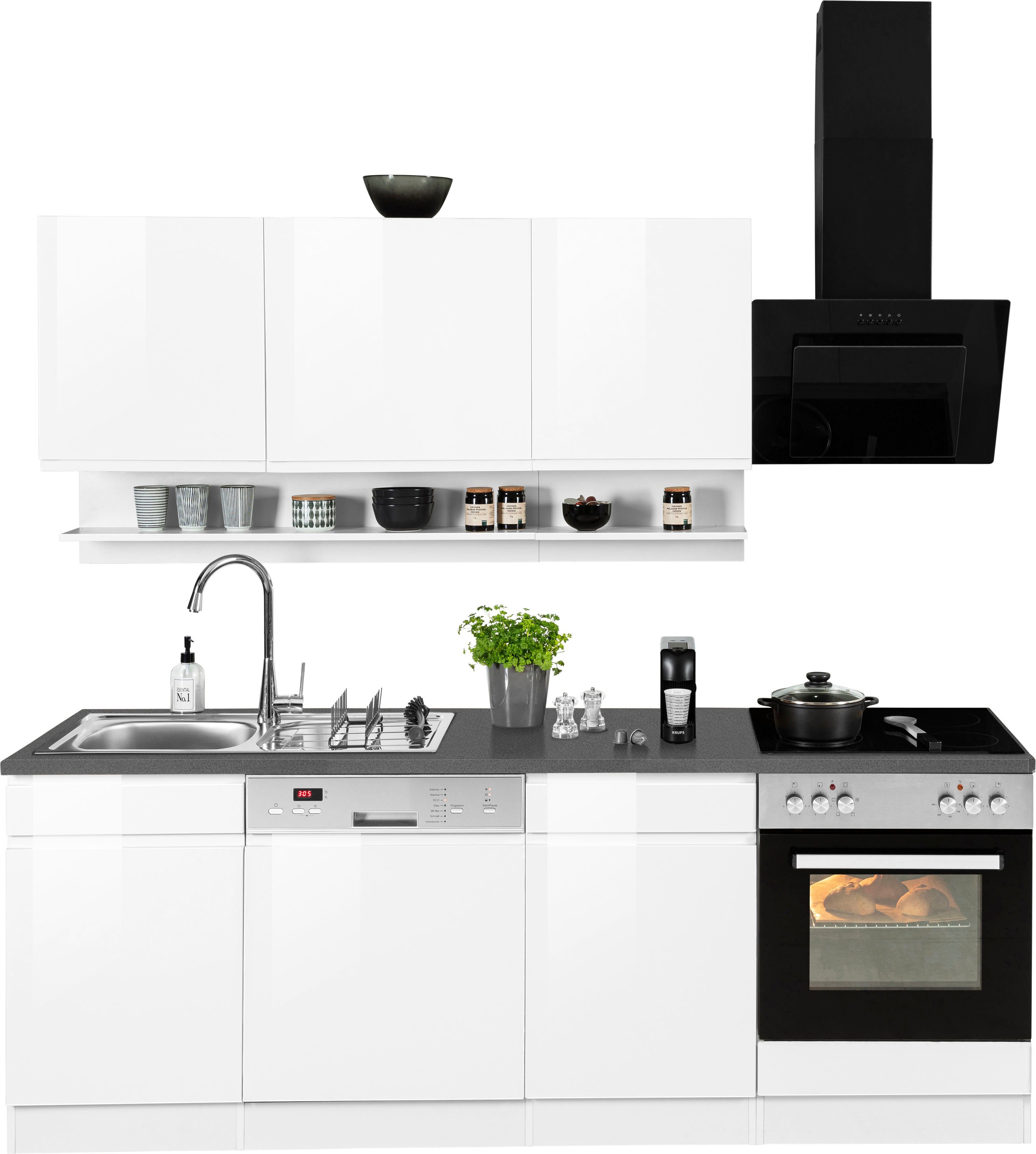 HELD MÖBEL Küche Virginia, Breite 220 cm, wahlweise mit oder ohne E-Geräte weiß hochglanz/anthrazit | weiß Hochglanz | weiß | Küchenzeilen mit Geräten