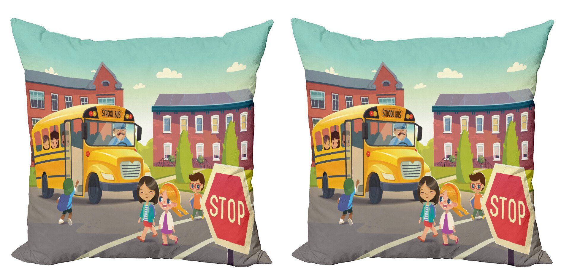 Kissenbezüge Modern Accent Doppelseitiger Digitaldruck, Abakuhaus (2 Stück), Schulbus Zurück in der Schule Sicherheit