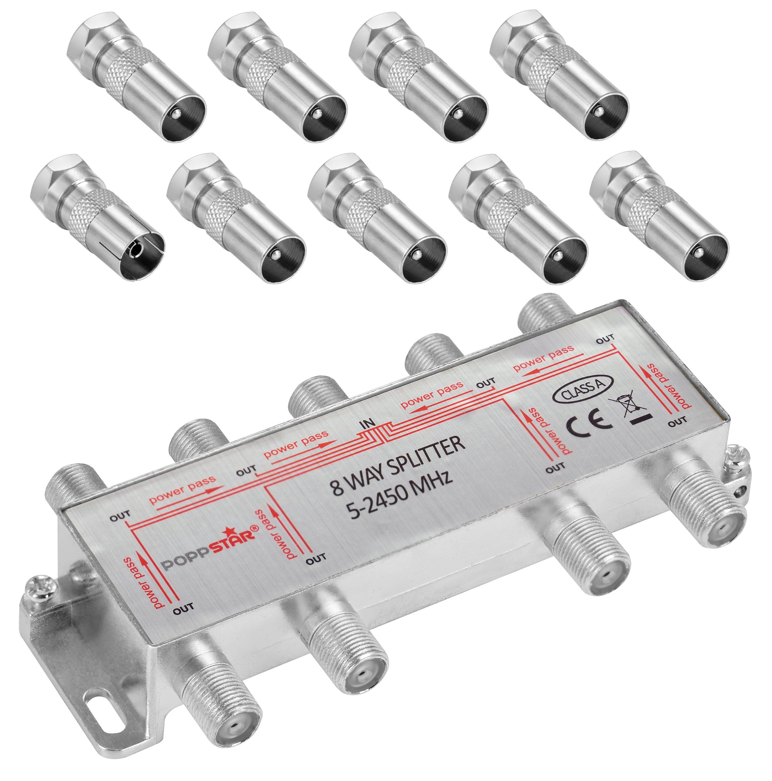 Antenne (Umschalter inkl. LNB) analog/digital 8-Fach, Splitter Radio TV SAT-Antenne 8-fach Satellit Poppstar IEC für Kabel Sat-Verteiler Fernseher Adapter