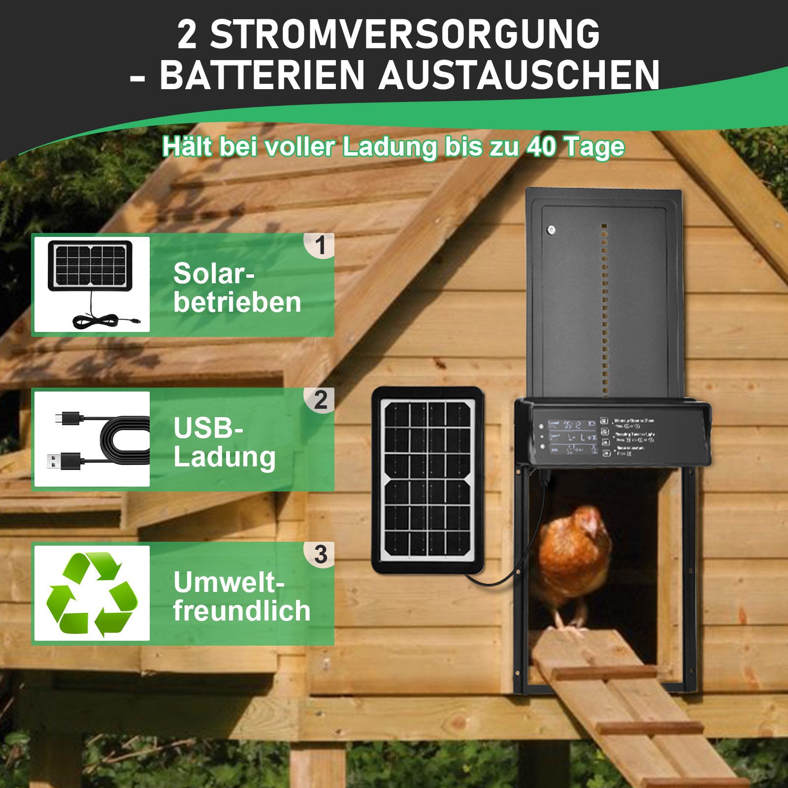 XERSEK Haustierklappe Automatisch Hühnerklappe Solar, Elektrische Hühnerstall mit Timer Lichtsensor Anti-Pinch