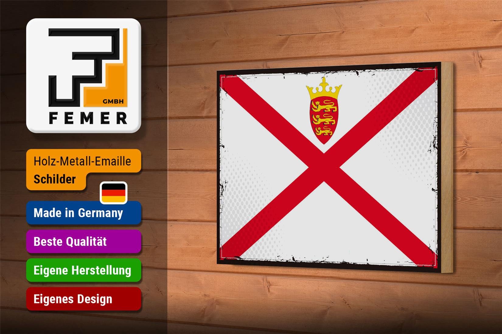 Femer GmbH Holzbild Flagge Jerseys 18x12 cm Retro Flag of Jersey, Flaggen (1 St), Glatte Holzfaserplatte (MDF), vorn beschichtet