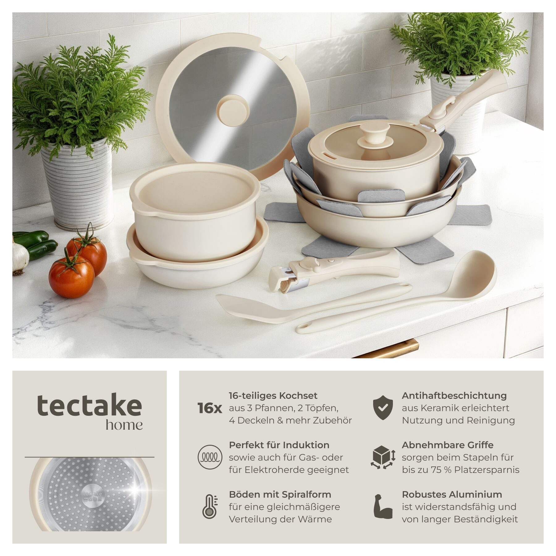 tectake Topf-Set Kochtopfset Genua 16-teilig für Induktion, Aluminium (Pfannenset Genua, 16-tlg., in Weiß), Abnehmbare Griffe, Keramik-Antihaftbeschichtung, spü – Bild 2 von 5