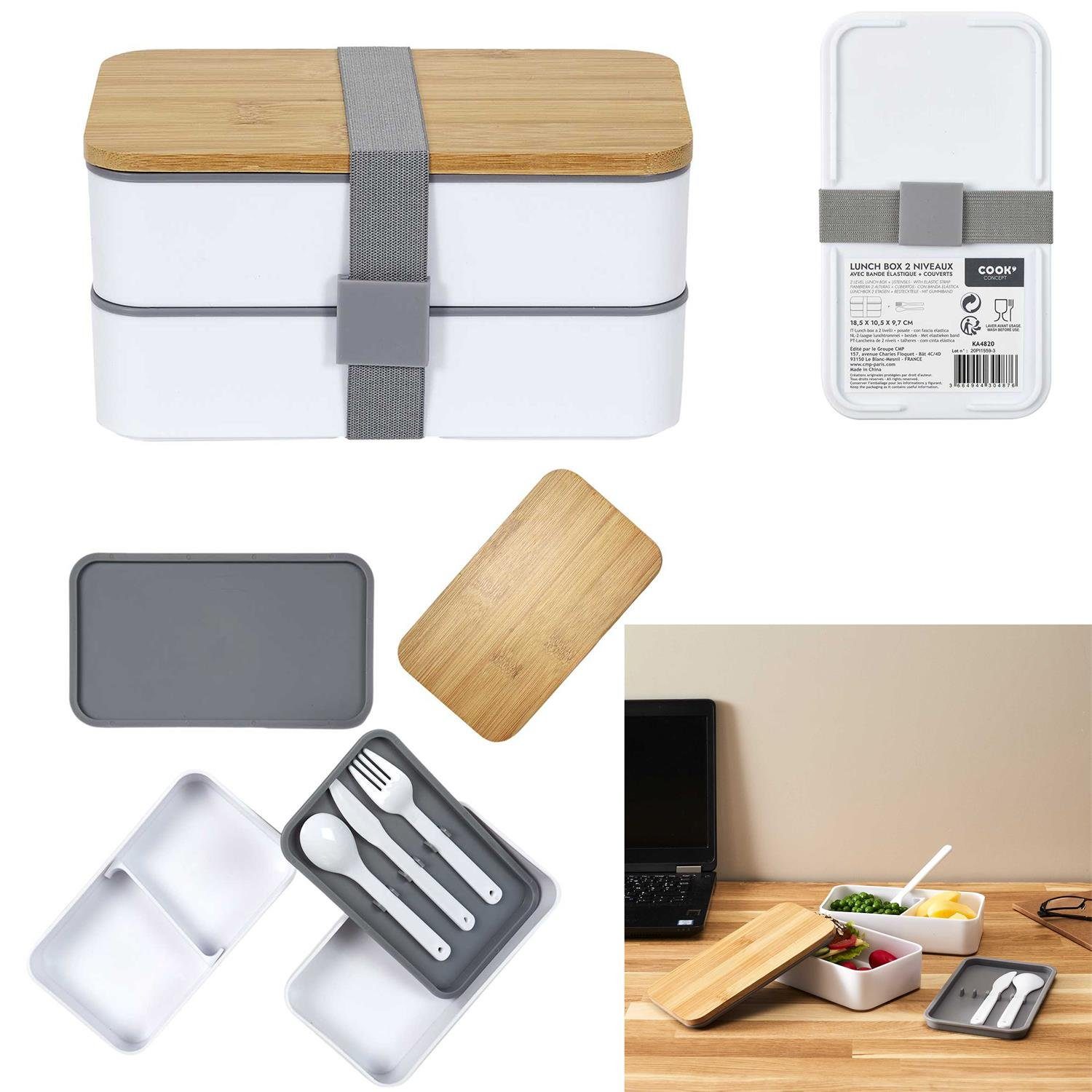 COOK CONCEPT Lunchbox, Bambus-Deckel 2-3 Fächern Besteck Brotdose Brot-box Bento Set Brotzeit