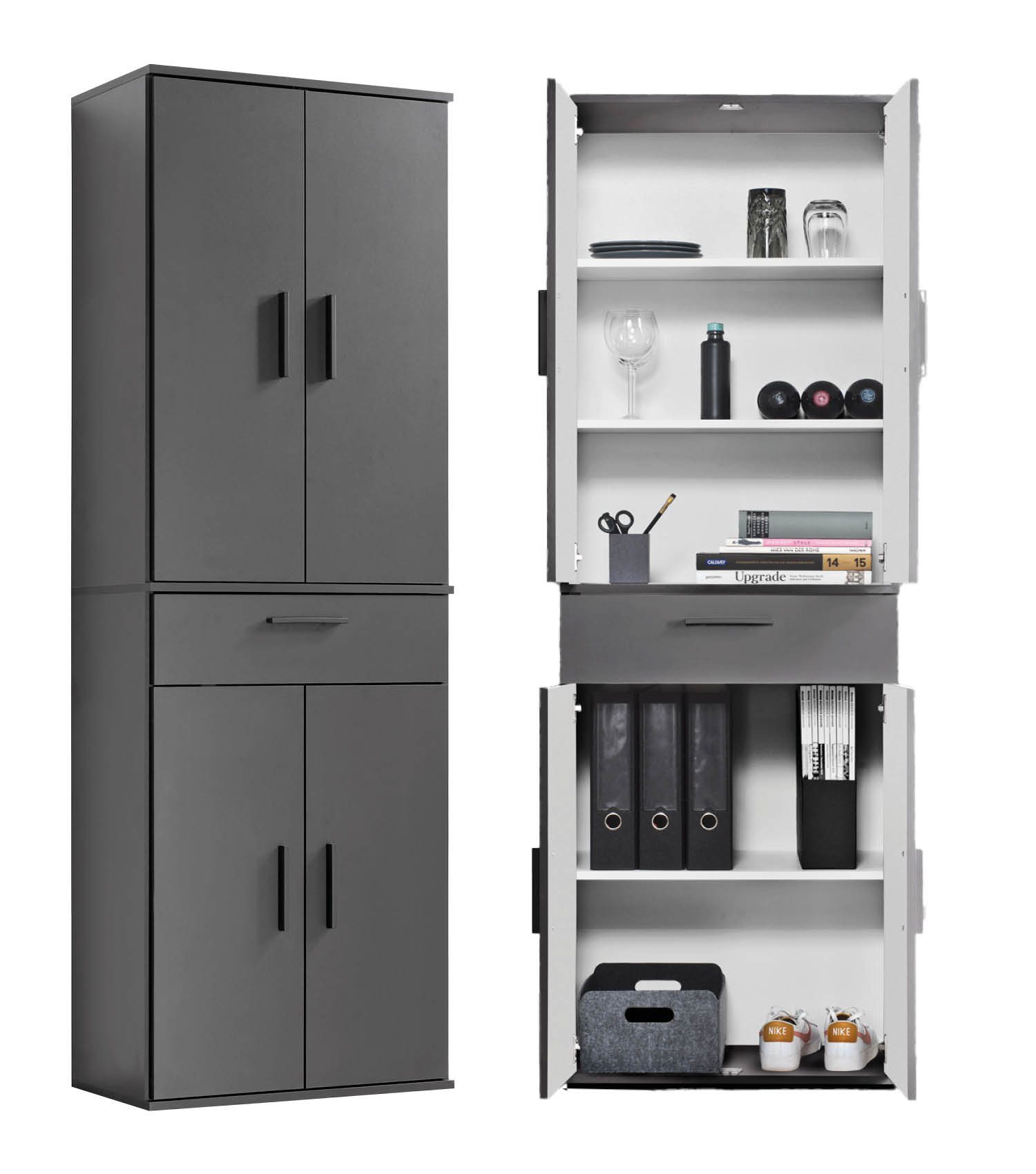 mokebo Mehrzweckschrank Der Praktische (60x180 cm, mit Schublade) Büroschrank, Flurschrank Apothekerschrank oder Aktenschrank Anthrazit