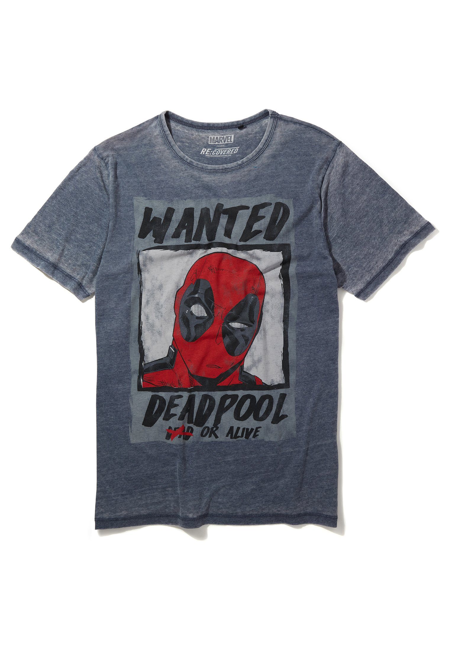 Recovered T-Shirt Marvel Deadpool Wanted Poster Blue GOTS zertifizierte Bio-Baumwolle
