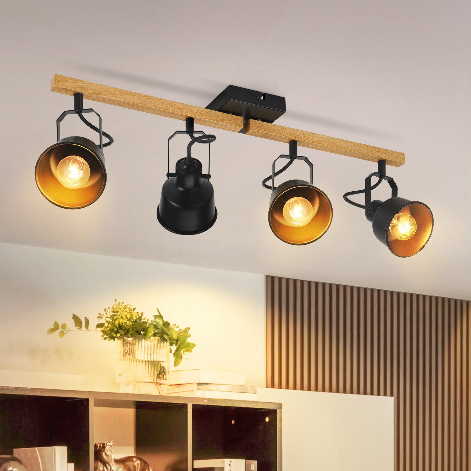 ZMH Deckenstrahler 2/3/4 Flammig 350° Schwenkbar Vintage Deckenlampe Wohnzimmer Flur, Hochwertige Design, ohne Leuchtmittel, E14 Fassung Industrial Holzmaserung Spotbalken für Schlafzimmer