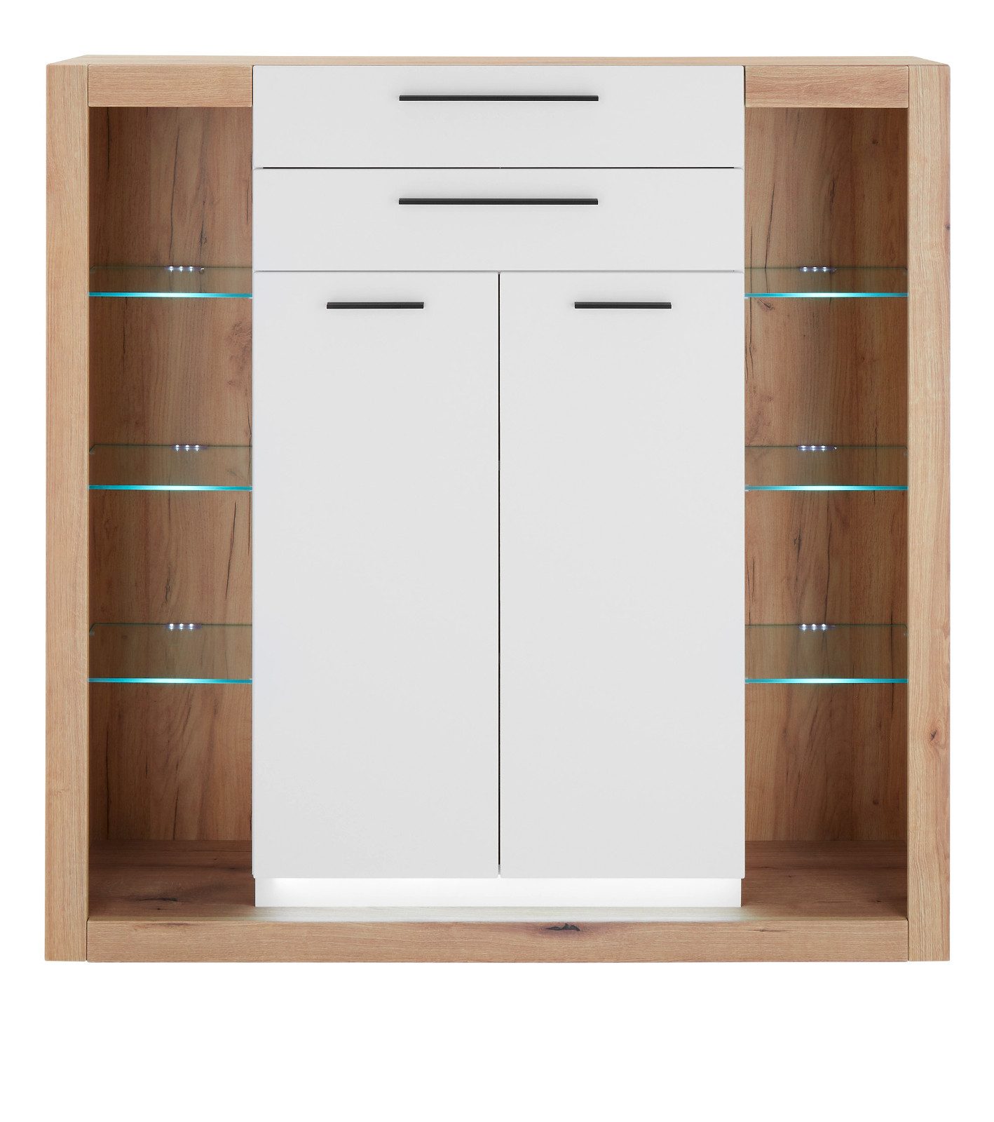 Furn.Design Highboard Rivian (Hochkommode in Eiche Dekor und weiß matt, 141 x 139 cm), 2 Schubladen und 11 Fächer