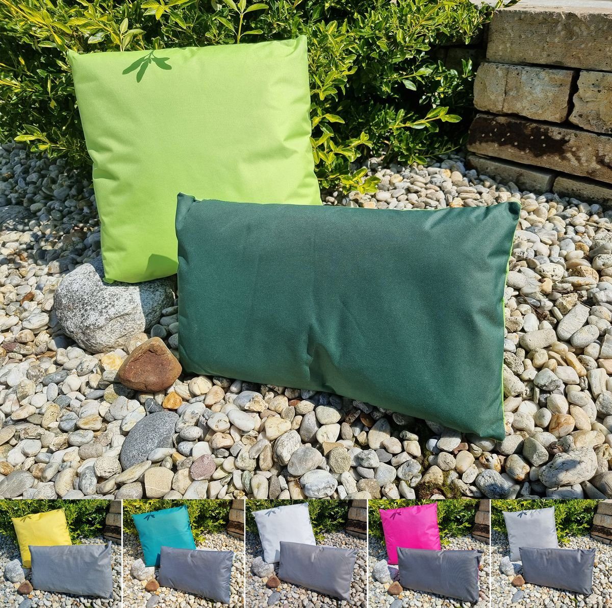 JACK Sitzkissen JACK 2er Set 2-farbiges Wende Outdoor Lounge Kissen 45x45cm + 30x50cm, inkl. Füllung, Robust, Strapazierfähig, Wasserfest, Innen & Außen Dunkelgrün - Grün