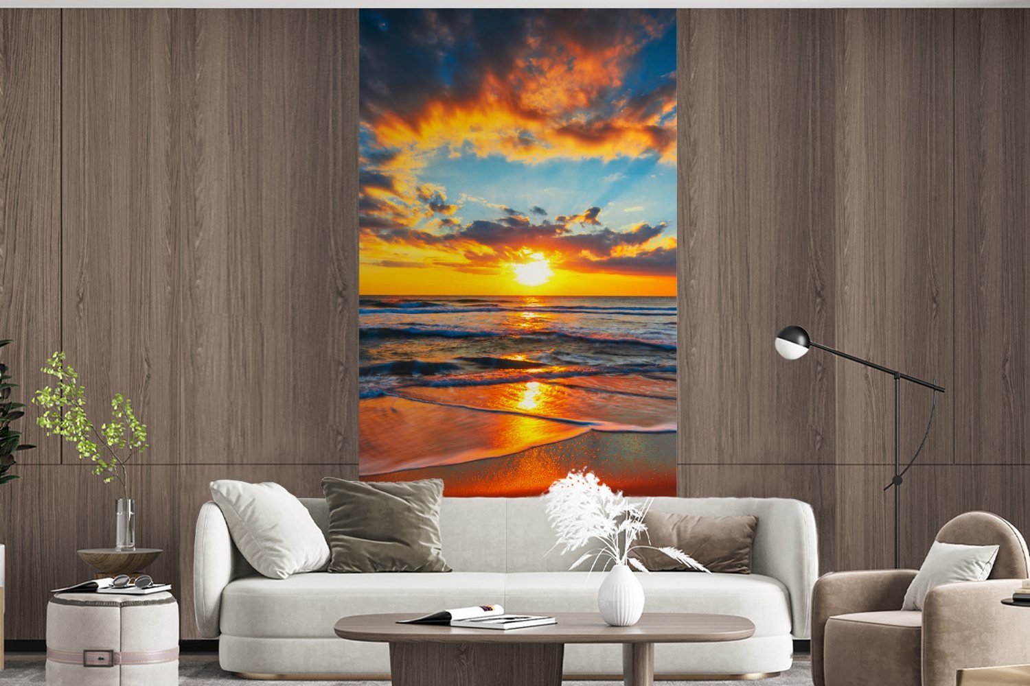 Vliestapete - - Orange, MuchoWow Wolken - Wohnzimmer Fototapete - Fototapete Strand Matt, Schlafzimmer Sonnenuntergang (2 für Küche, St), bedruckt, Meer