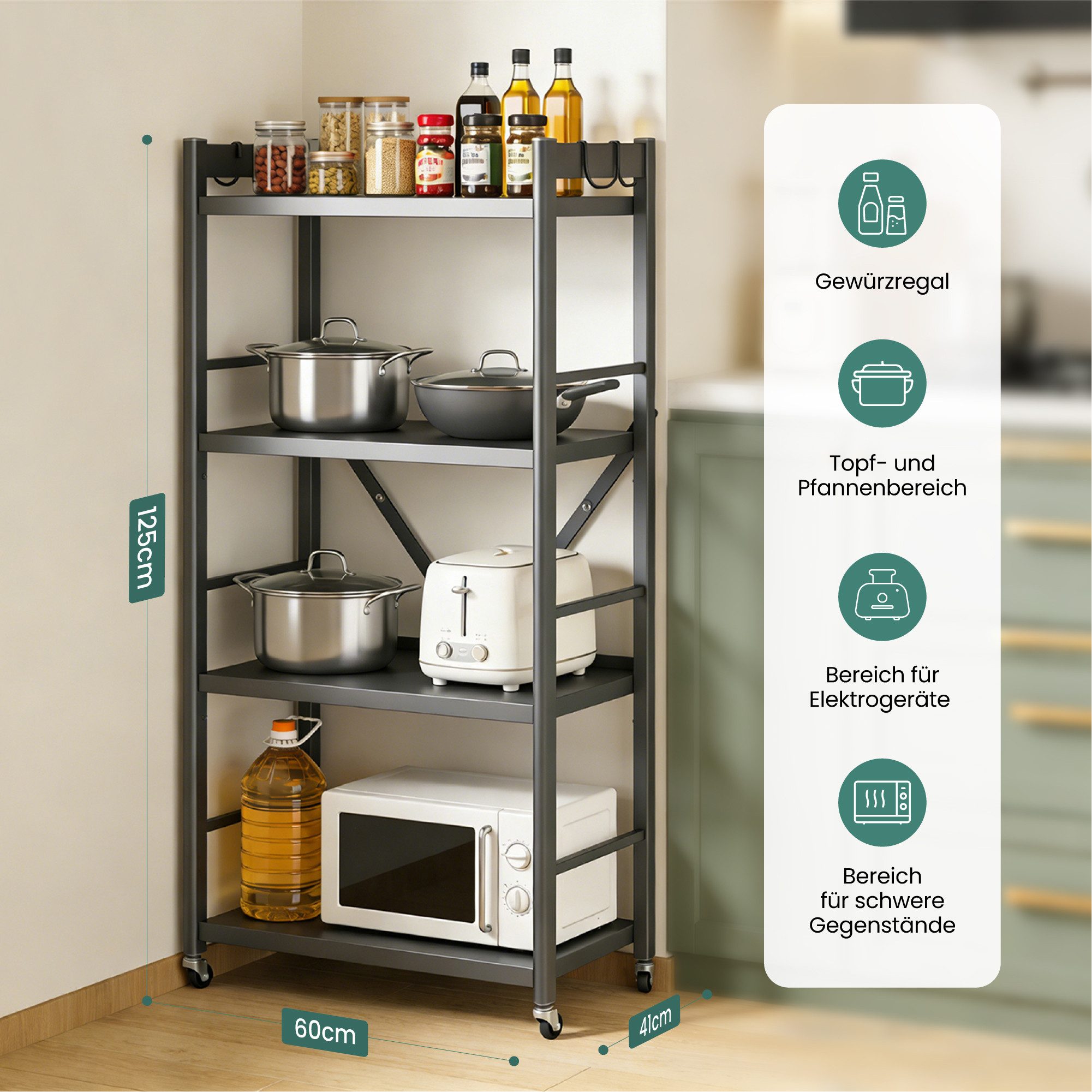 Mai & Mai Küchenregal Standregal 4 Ebenen 360° schwenkbare Lenkrollen 60x41x125cm Reglo-13, Lagerregal 4 Ebenen 4 Haken Modern-Design, für Küche