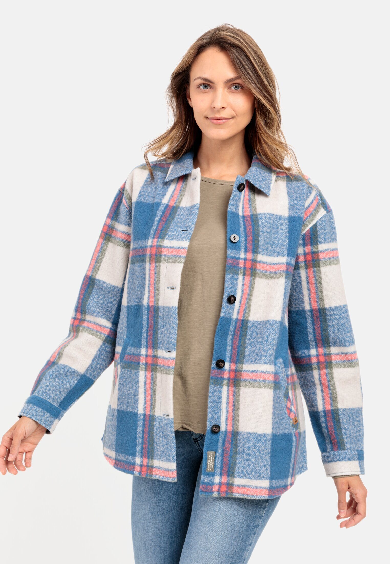 camel active Hemdjacke mit gebürsteter Wolle Langarm Hemdblusenkragen Markenlabel