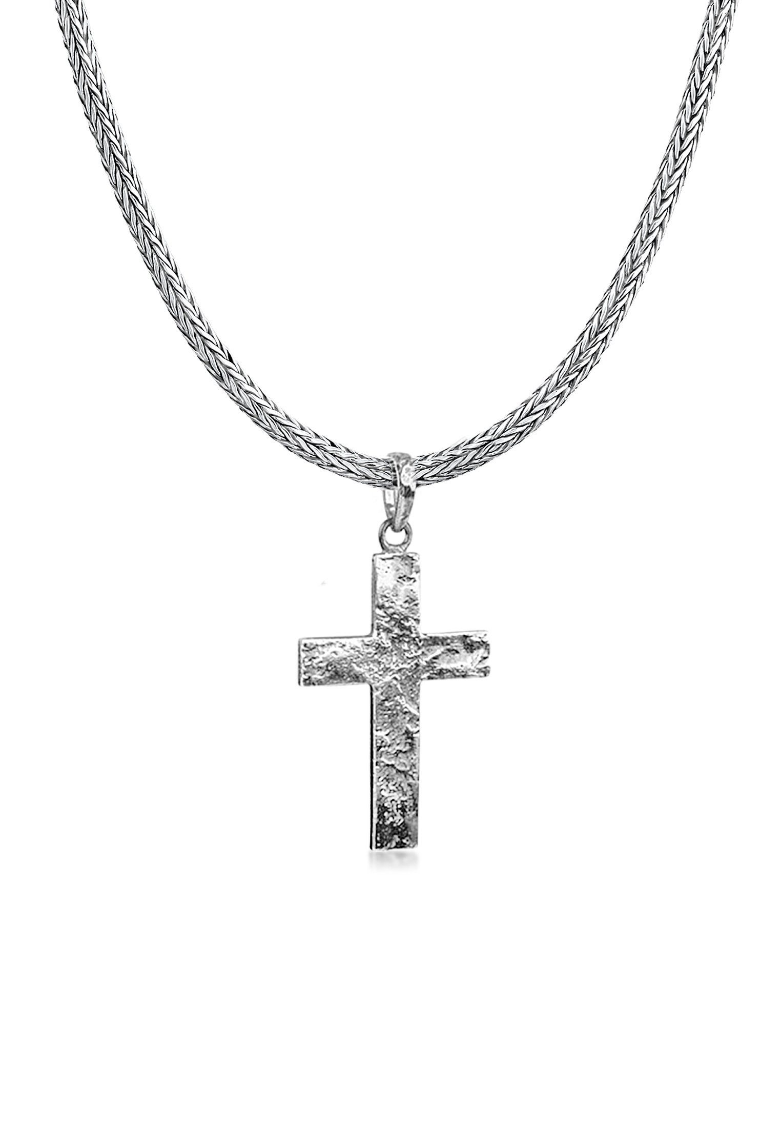 Kuzzoi Kette mit Anhänger Herren Zopfkette Kreuz Gehämmert 925 Silber