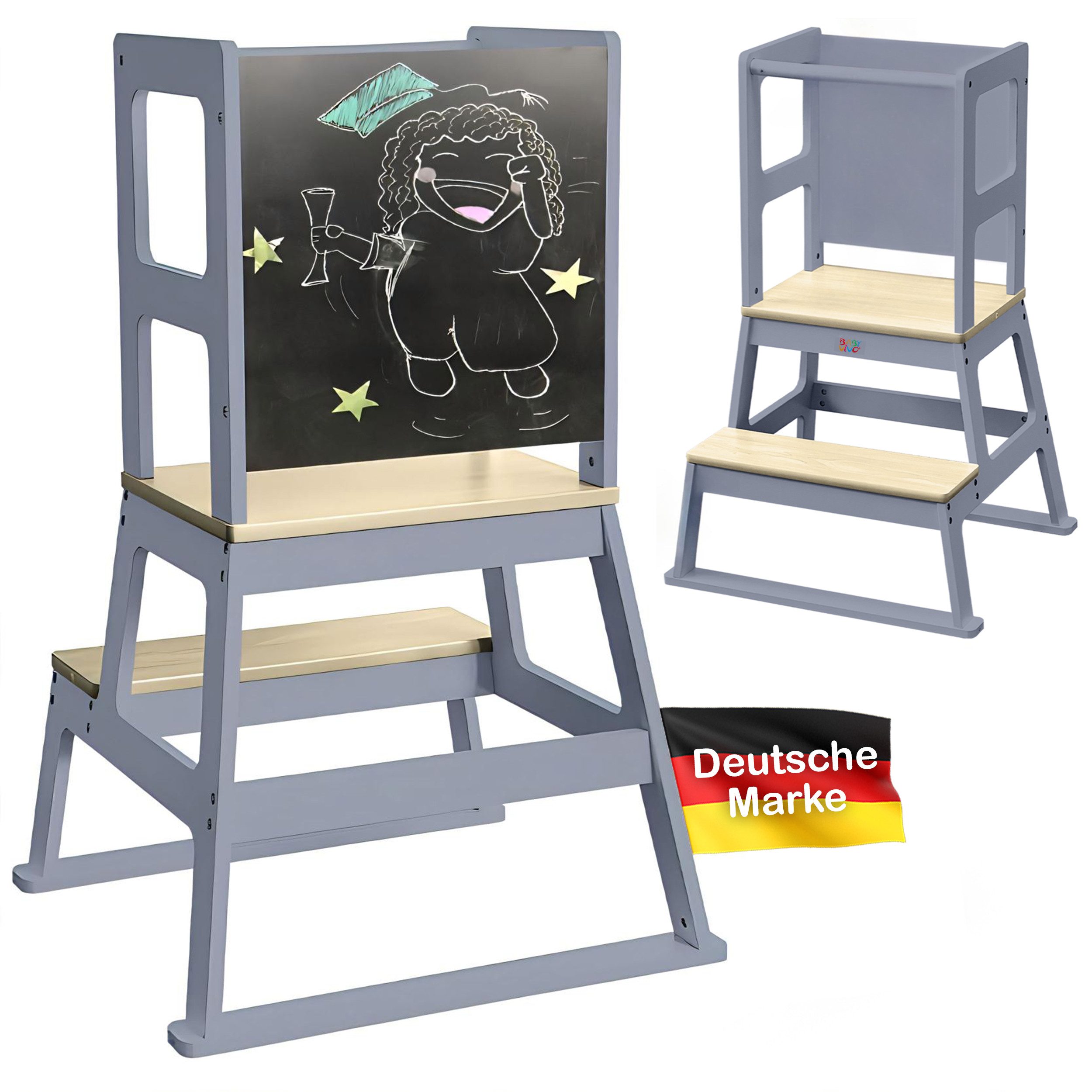 Baby Vivo Stehhilfe Lernturm aus Holz - Mit Tafel in Grau