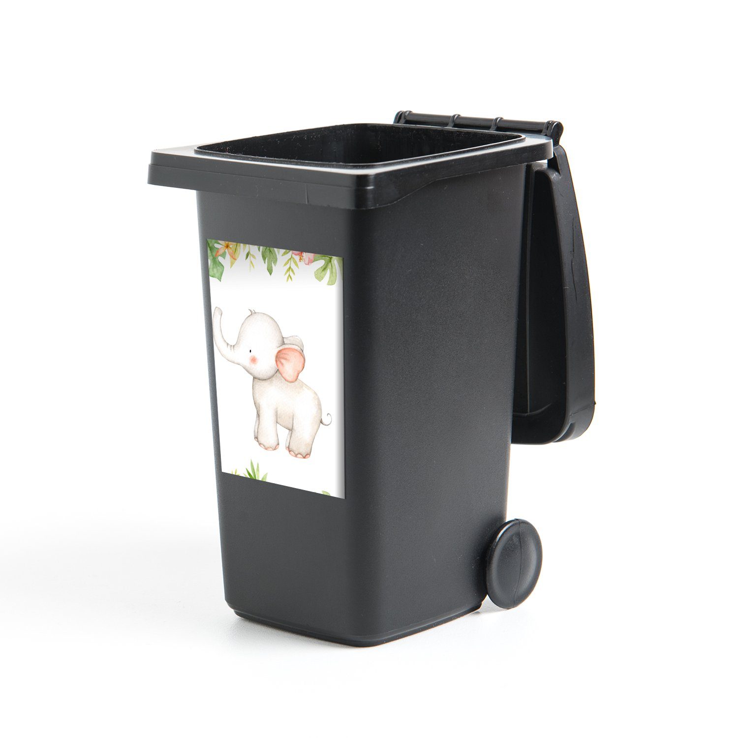 Wandsticker Abfalbehälter (1 Aquarell Mülleimer-aufkleber, Mülltonne, Blumen - - St), Sticker, Elefant MuchoWow Container,