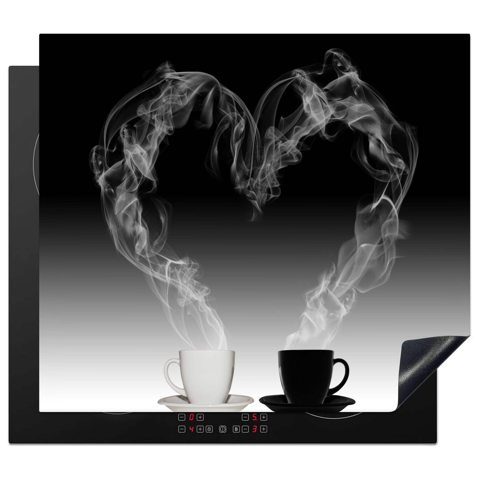 MuchoWow Herd-Abdeckplatte Kaffee - Herz - Wasserdampf - Schwarz - Weiß, Vinyl, (1 tlg), Ceranfeldabdeckung Küche, Herdabdeckplatte Einteilig, 60x52 cm