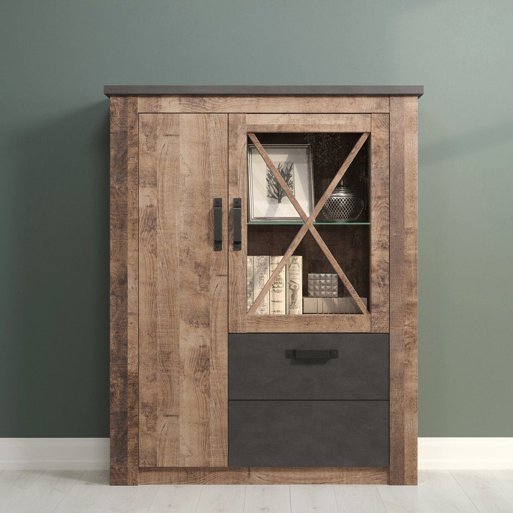 Lomadox Vitrine GIBBSTON-19 in Tabak Eiche Nb. mit Matera anthrazit, B/H/T: 114/142/38 cm