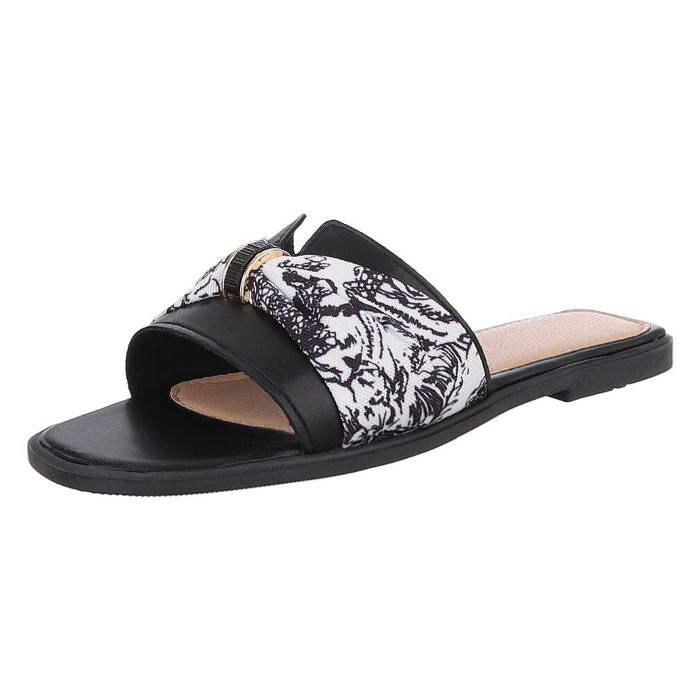 Ital-Design Stylische Damen Slipper mit Goldakzent für den Sommer Pantolette (89542758) Blockabsatz Pantoletten in Schwarz
