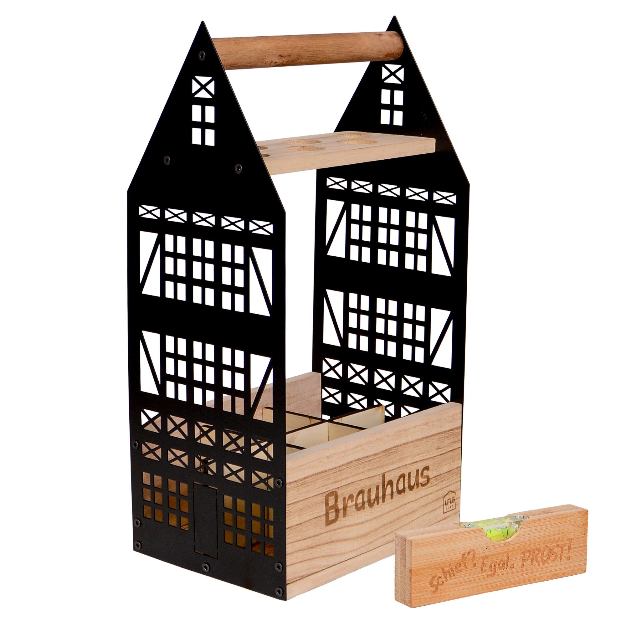 UNUS HOME Flaschenhalter Bierflaschenhalter Bierhalter Brauhaus für 6 Flaschen, (Geschenkidee für Männer), Getränkehalter inkl. Schnapsglashalter und Wasserwaage