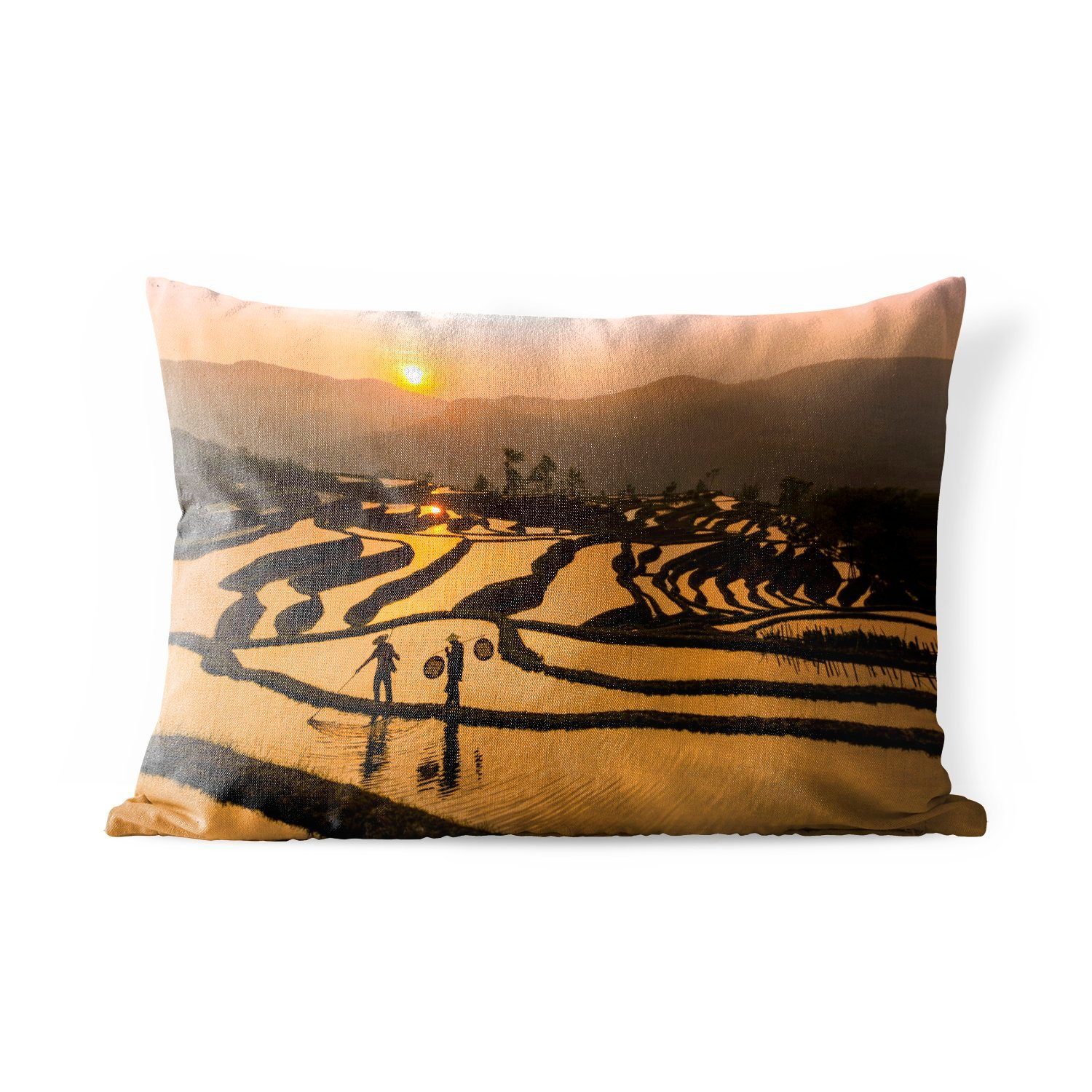 MuchoWow Dekokissen Schönes Bild von einem Reisfeld bei Sonnenuntergang, Outdoor-Dekorationskissen, Polyester, Dekokissenbezug, Kissenhülle