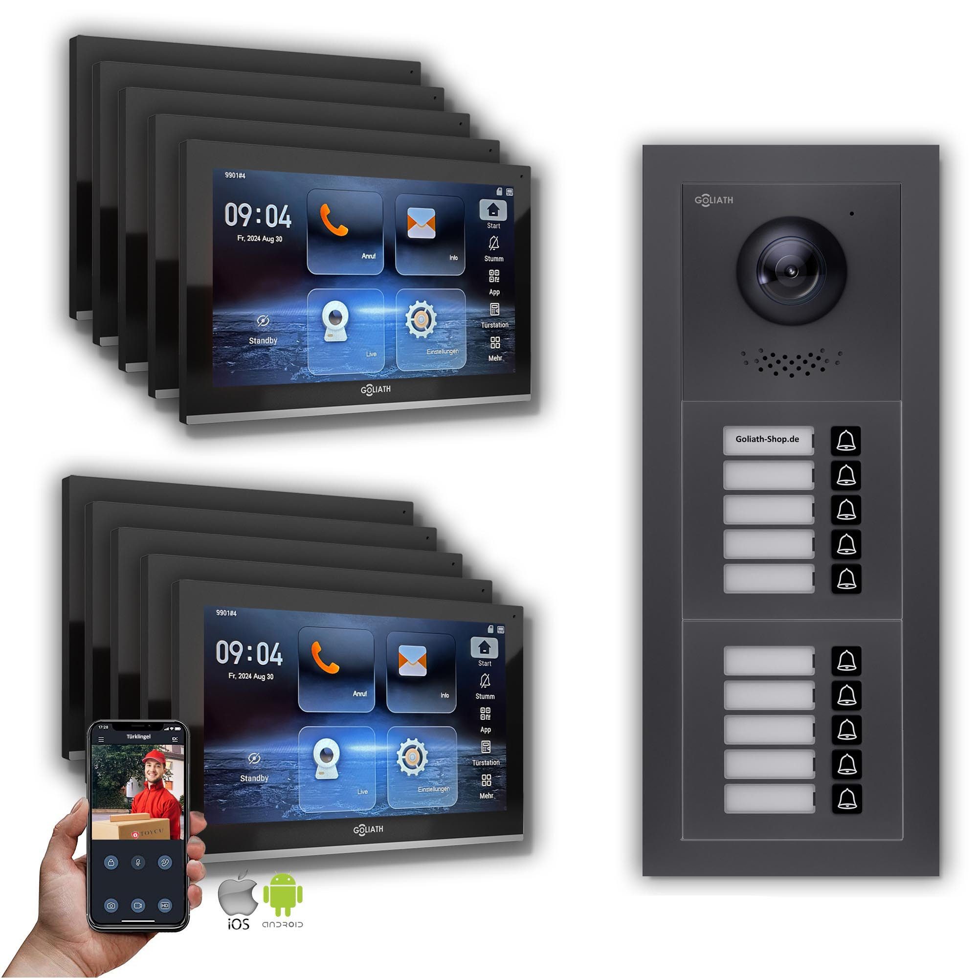 Video-Türsprechanlage Goliath IP Video Türsprechanlage: 10-Zoll 10 Familienhaus, Smartphone-