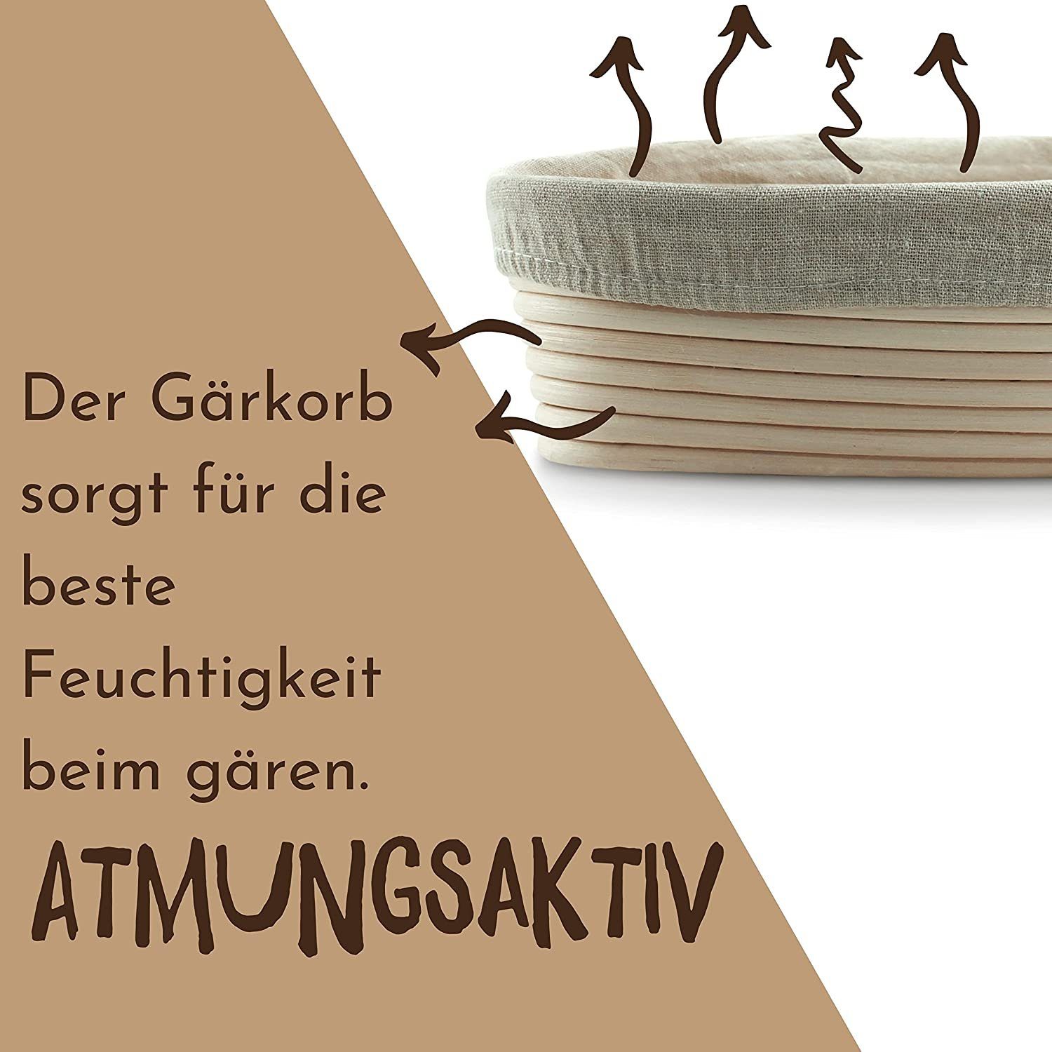 riijk Gärkorb Gärkorb Set inkl. Gratis Teigschaber, (Gärkorb Set oval: 28+35cm, plus Leinentücher und Teigschaber), Gärkorb 2er Set + Teigschaber und Leinentücher
