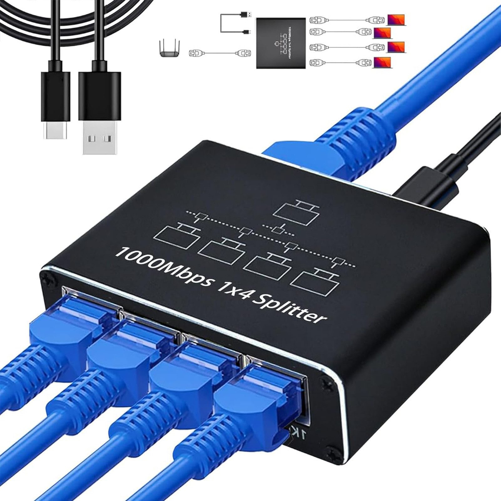 Bundviel Switch 1 auf 2/1 auf 4/1 auf 7 Mit USB-C Netzkabel 1000Mbps Netzwerk Netzwerk-Switch