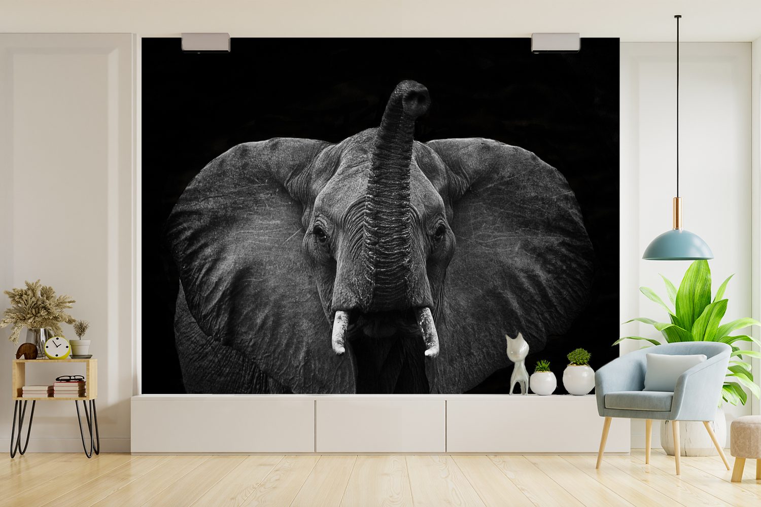 Schlafzimmer, Wallpaper Kinderzimmer, Weiß, - Ohren bedruckt, MuchoWow Fototapete Matt, Vinyl für (6 - Tapete Schwarz St), Elefant Wohnzimmer, -