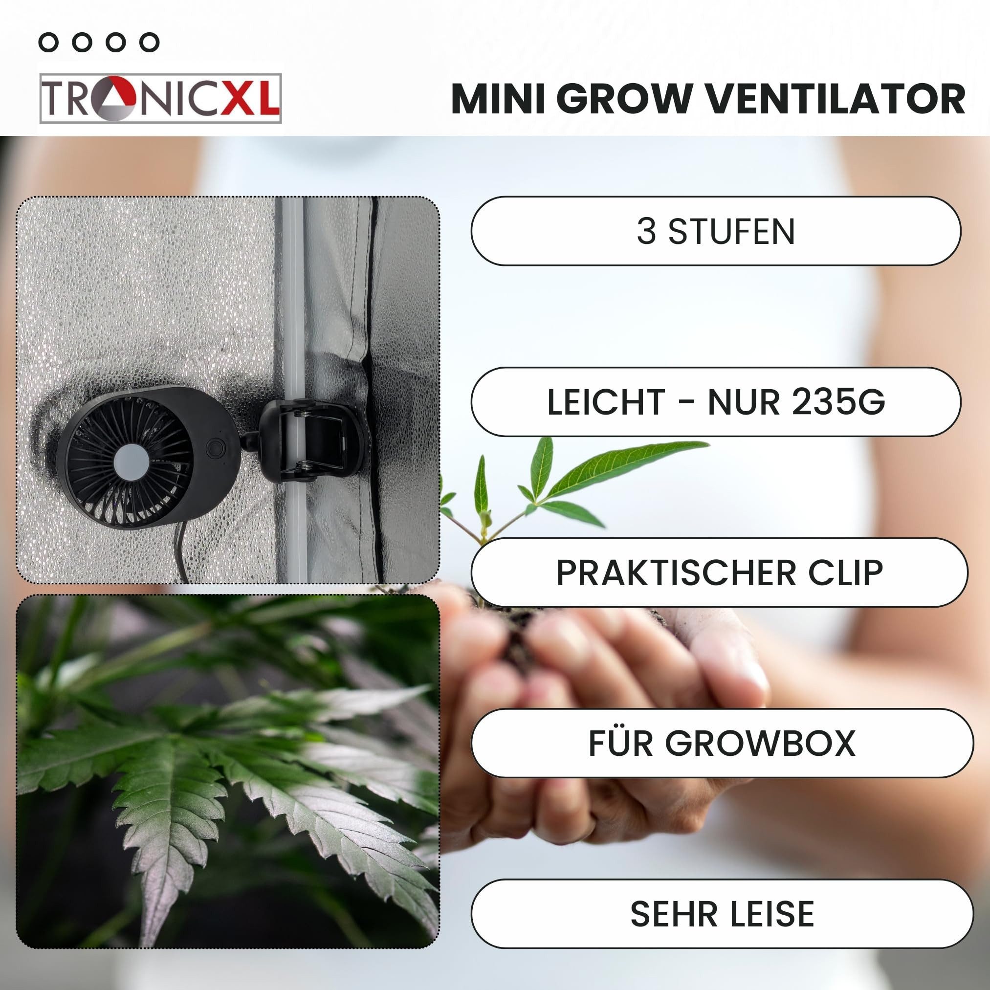 TronicXL Tischventilator Ventilator Grow mit Clip Kabel 230V für Growbox Zubehör Steckdose Fan, klein für Zelt Box Grower