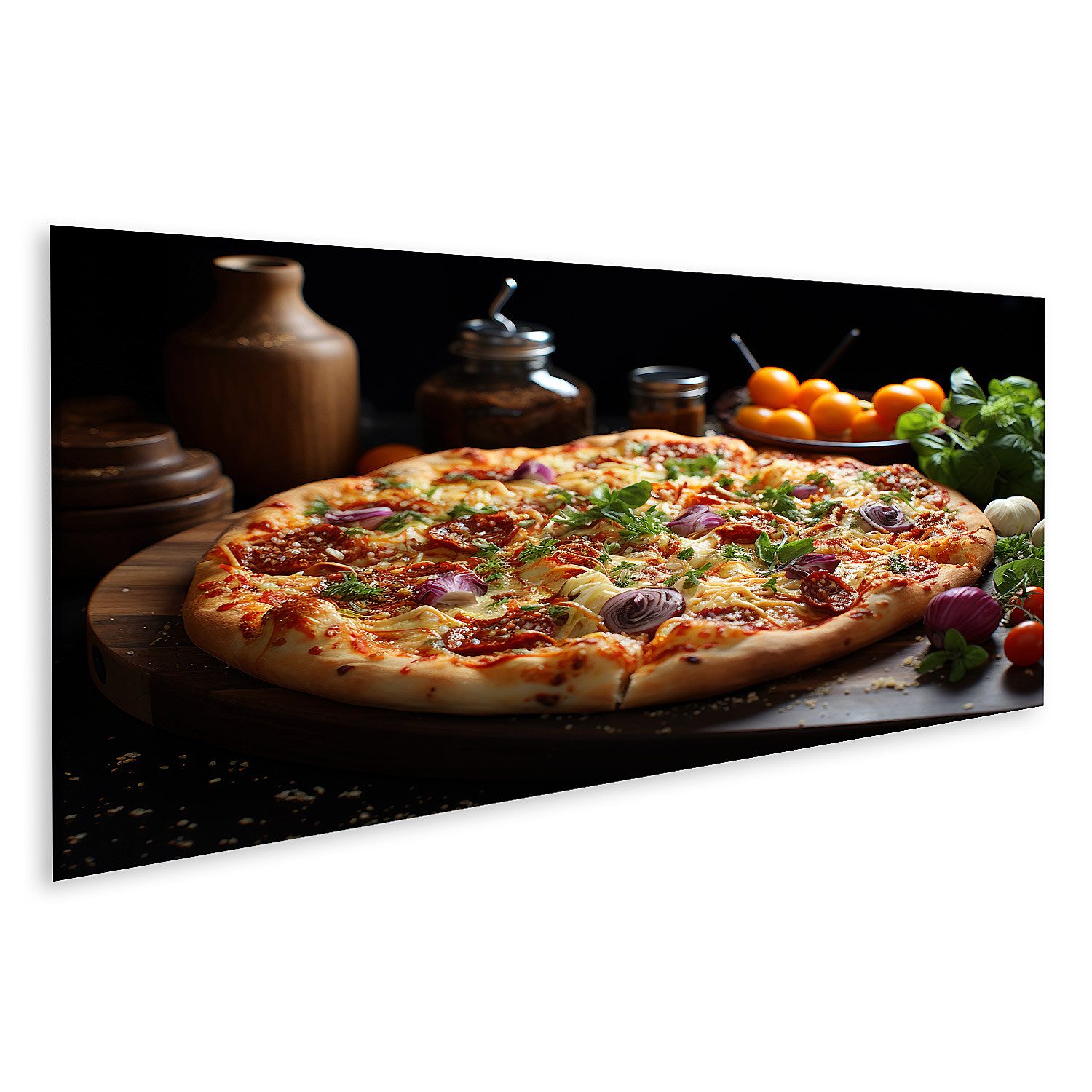 Leinwandbild Lecker Käsig Italienisch Pizza Tisch Fertig Zum Essen Gastro Bilder