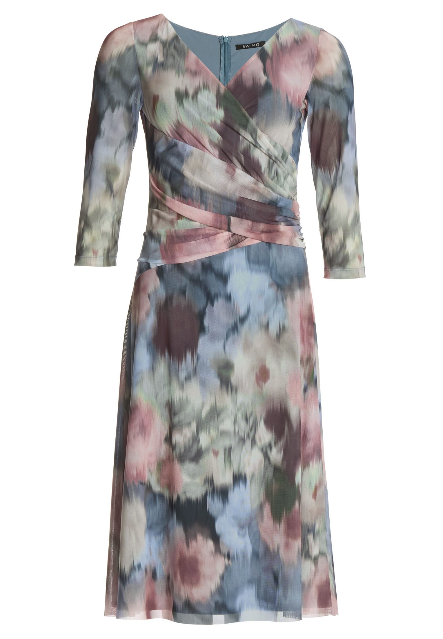 Cocktailkleid - Midi Kleid aus bedrucktem Mesh in Wickel Optik