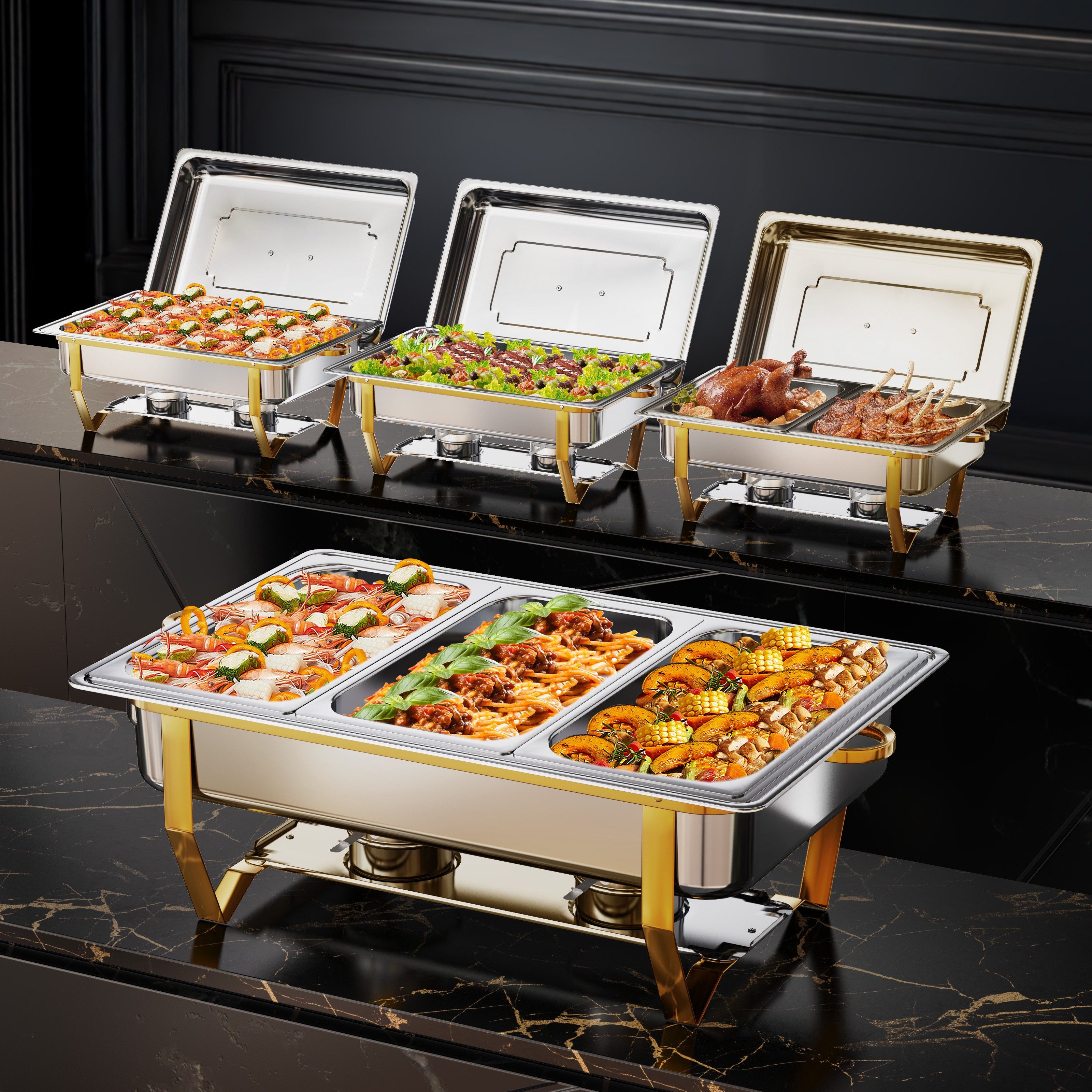 Warmounts Speisenwärmer 8QT, (4-tlg., Edelstahl 7,57L), Chafing Dish, 2x GN Vollformat + 1x GN 1/2 + 1x GN 1/3 Behälter