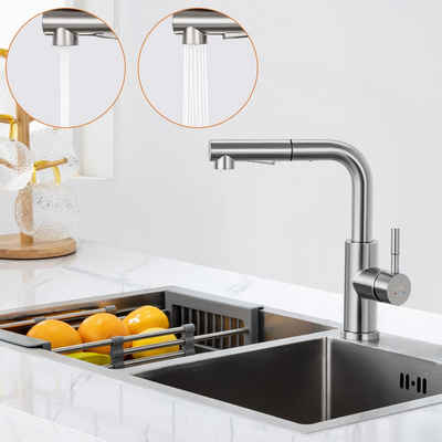 Lonheo Küchenarmatur Ausziehbarer Hochdruck Wasserhahn mit Brause, 360° Spültischarmatur 2 Strahlarten, Armatur für Küche