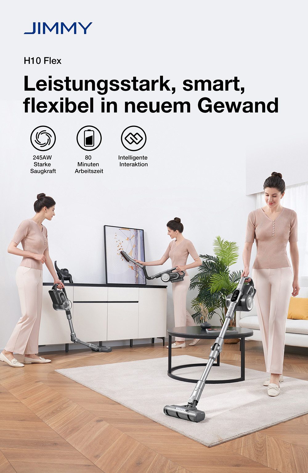Jimmy Bodenstaubsauger H10 Flex Akku-Hand-und Stielstaubsauger Akku Staubsauger, 650 W, 245AW Saugkraft, 4 Reinigungsmodi, 0,6L Staubbehälter, 2500mAh Akku