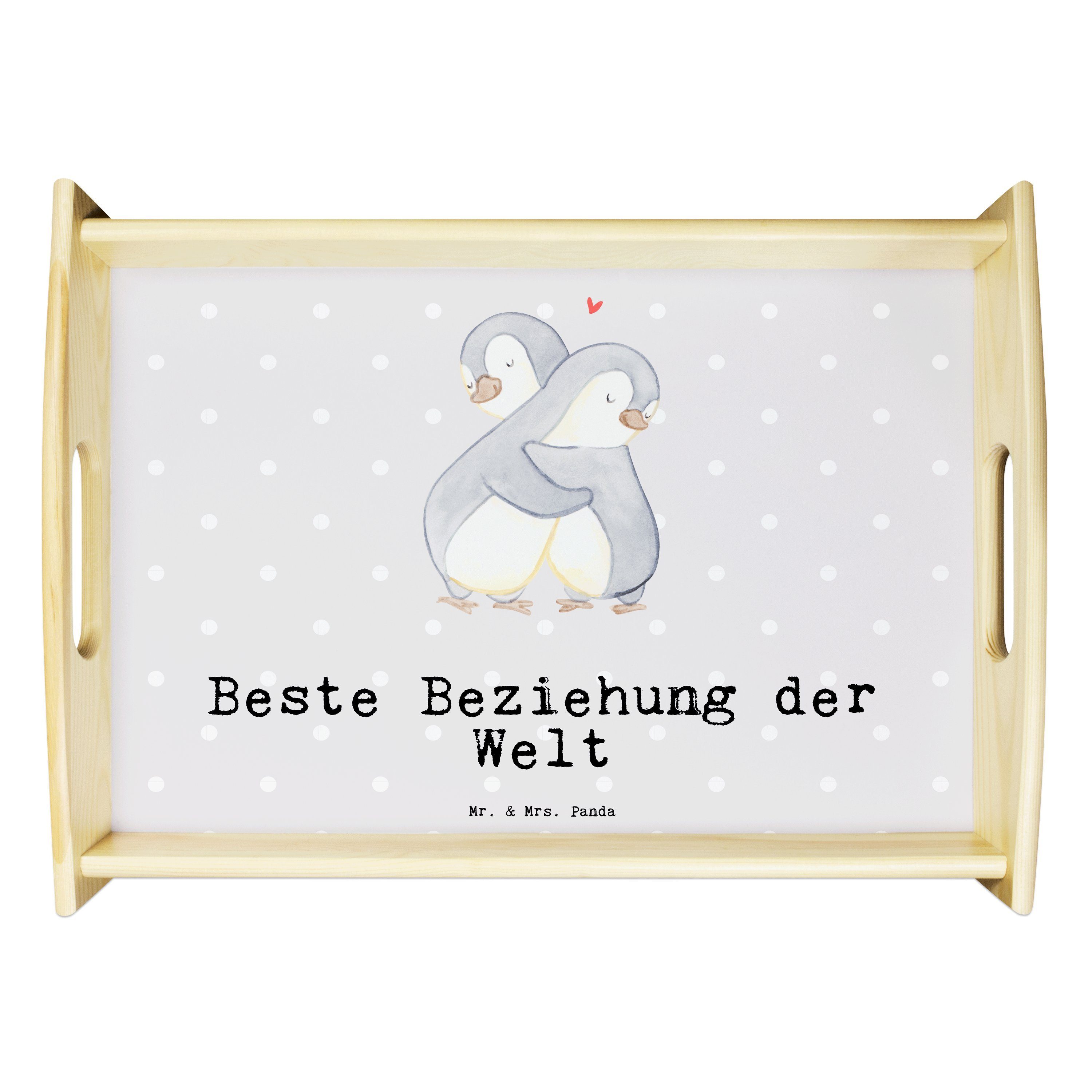 Mr. & Mrs. Pinguin Frühstück, Grau Beziehung Echtholz Tablett lasiert, - Panda Beste - Pastell der Geschenk, Welt (1-tlg)