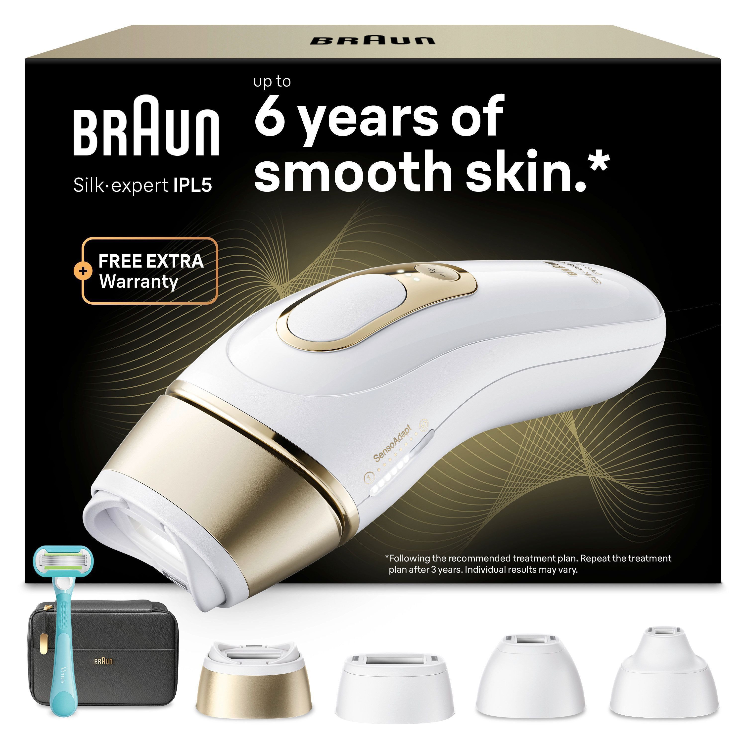 Braun IPL-Haarentferner Silk·expert Pro 5 PL5431 (Modell 2026) PL5262 (Modell 2025), pro Minute bis zu 125 Lichtimpulse, 3 Aufsätze, Aufbewahrungstasche, Venus Rasierer