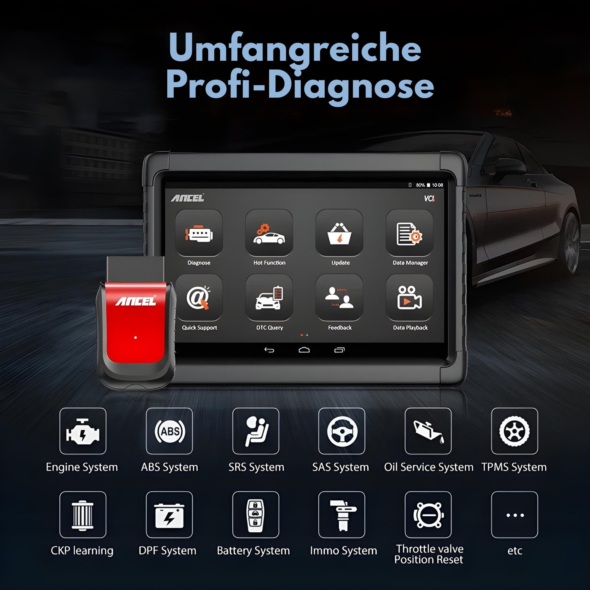Ancel Kfz-Diagnosegerät Bluetooth Diagnosegerät Android 10 OBD2 Scanner für KFZ & DPF Reset, Komplett-Set, Komplettset, Vollsystem-Diagnose, DPF-Reset