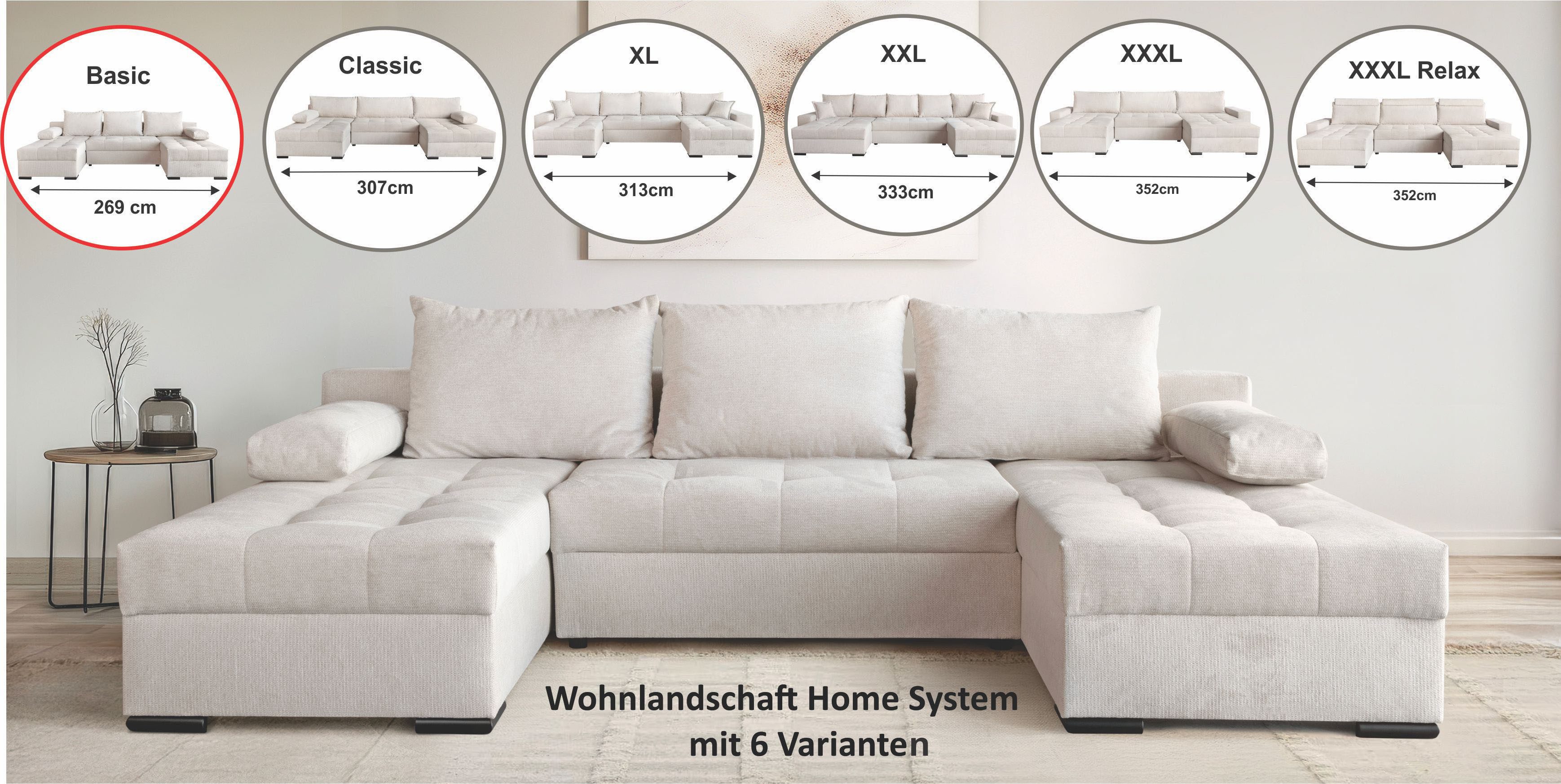 OTTO home Wohnlandschaft Home System U-Form, von B: 269-352 cm wählbar, 6 Varianten zur Auswahl, mit Bettfunktion, Bettkasten & Zierkissen, Federkern