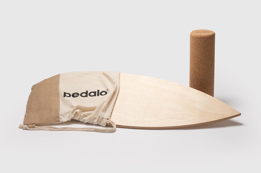 pedalo® Balanceboard aus Holz I Balance-Board Pur I Korkrolle I Koordination I Training, Inkl. Faszien Korkrolle 10 cm und Umhängetasche