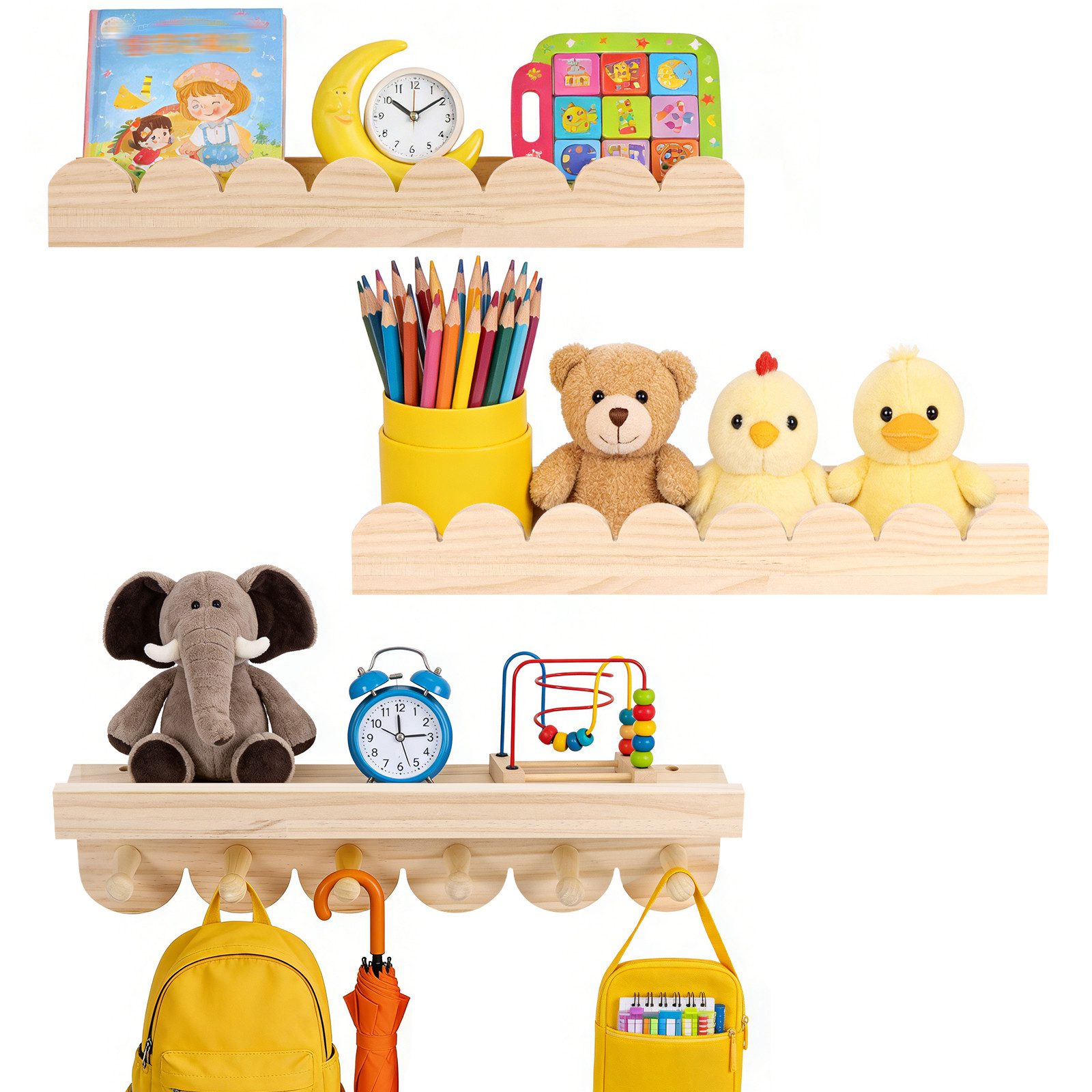 LEMLIT Deko-Wandregal 3er-Set Kinderregal aus Massivholz, Bücherregal mit 6 Haken, 3er Set 3-tlg., Schwebregal 3 Fächer + 6 Haken, …
