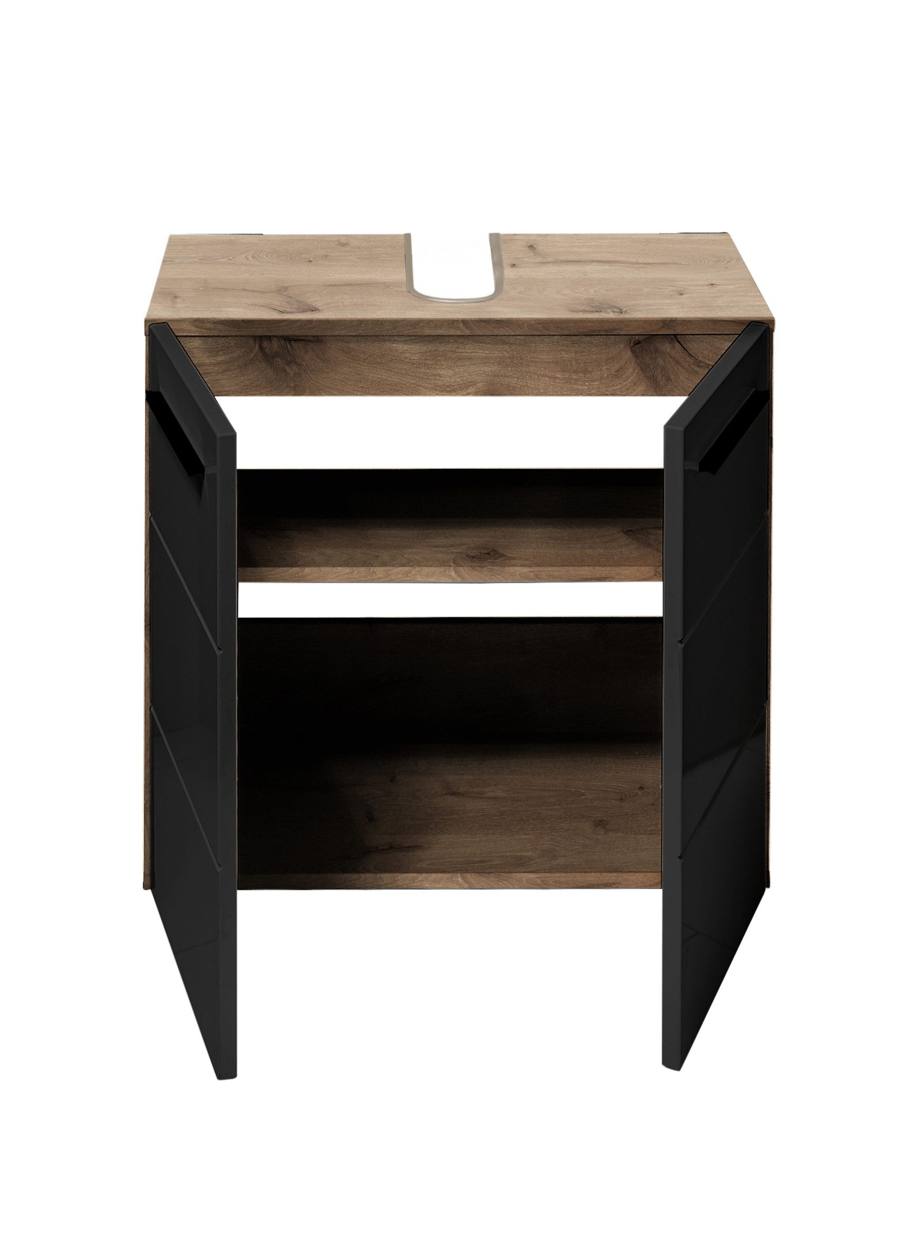 BEGA BBK Waschbeckenunterschrank 2 Türen, 1 Boden, schwarz / viking oak Dekor - 60x62x31 (BxHxT) – Bild 3 von 5