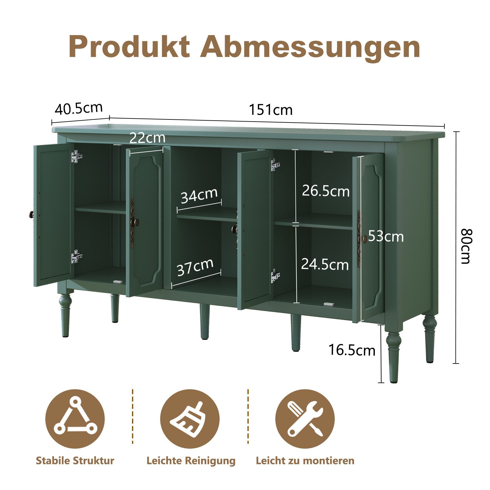 HOLTICO Sideboard Buffet Schrank mit 4 Türen und offenem Regal, Vintage Akzent Kommode (1 St), TV-Schrank, Küchenschrank, Kredenz, und Weinschrank