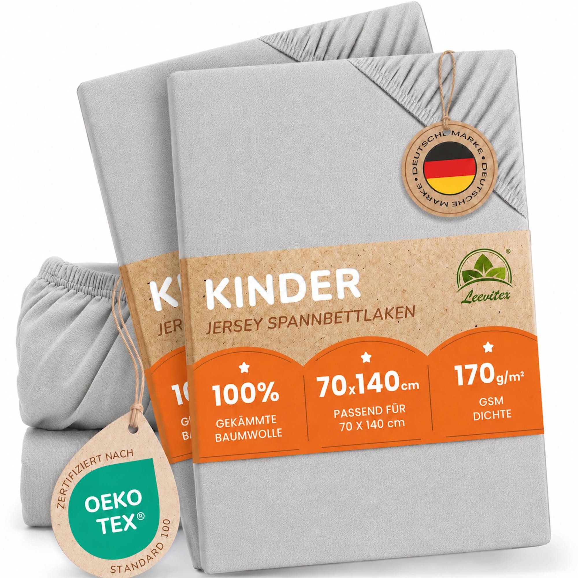 leevitex® Spannbettlaken für Kinderbetten, 2er-Set, 70 x 140 cm, Steghöhe 15 cm, Jersey, Gummizug: rundum, (2 Stück), verschiedene Farben, OEKO-TEX® STANDARD 100 zertifiziert