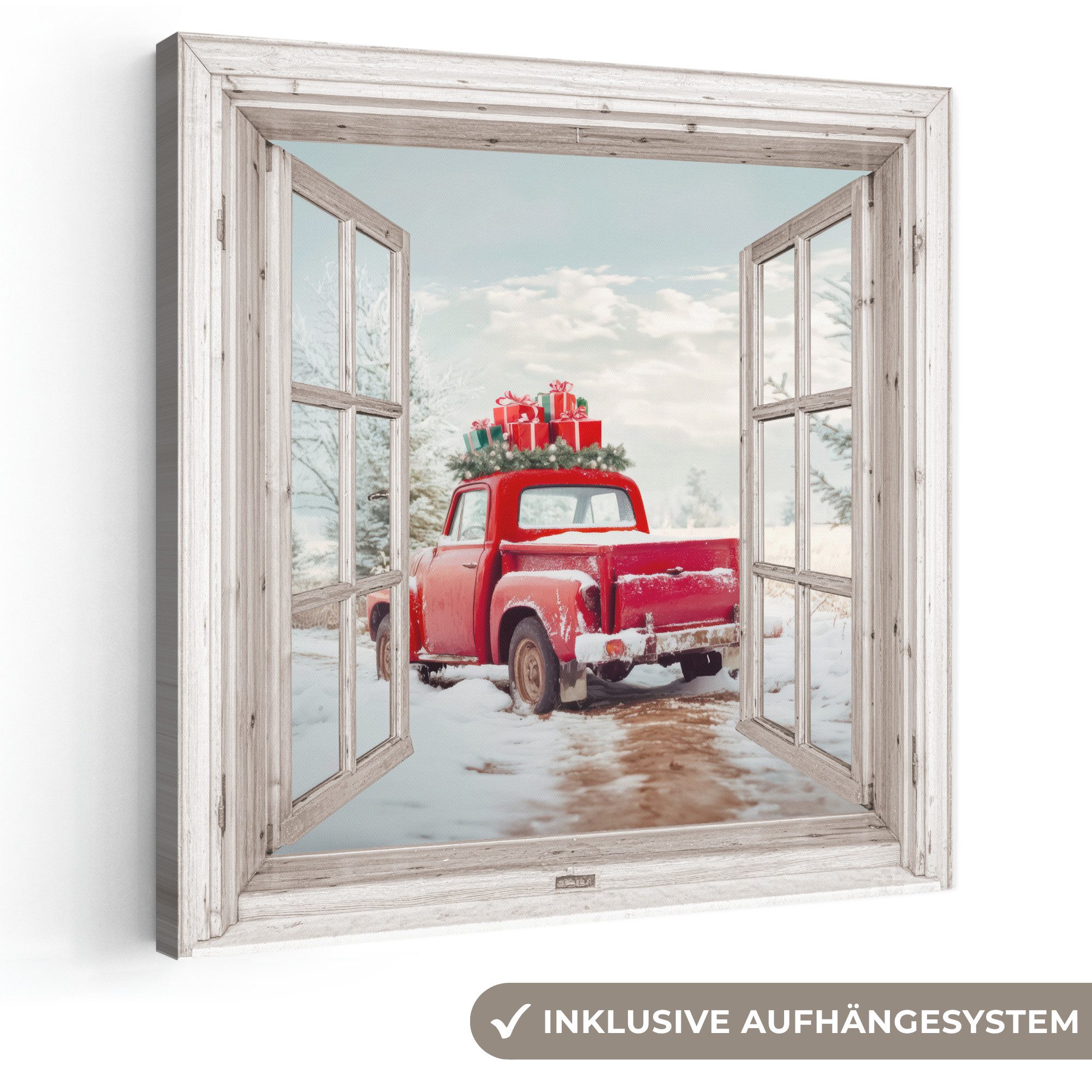 OneMillionCanvasses® Leinwandbild Auto - Rot - Winter - Weihnachten - Fenster, Fotodruck (1 St), Wandbild, Deko Schlafzimmer Wohnzimmer Flur 20x20 cm