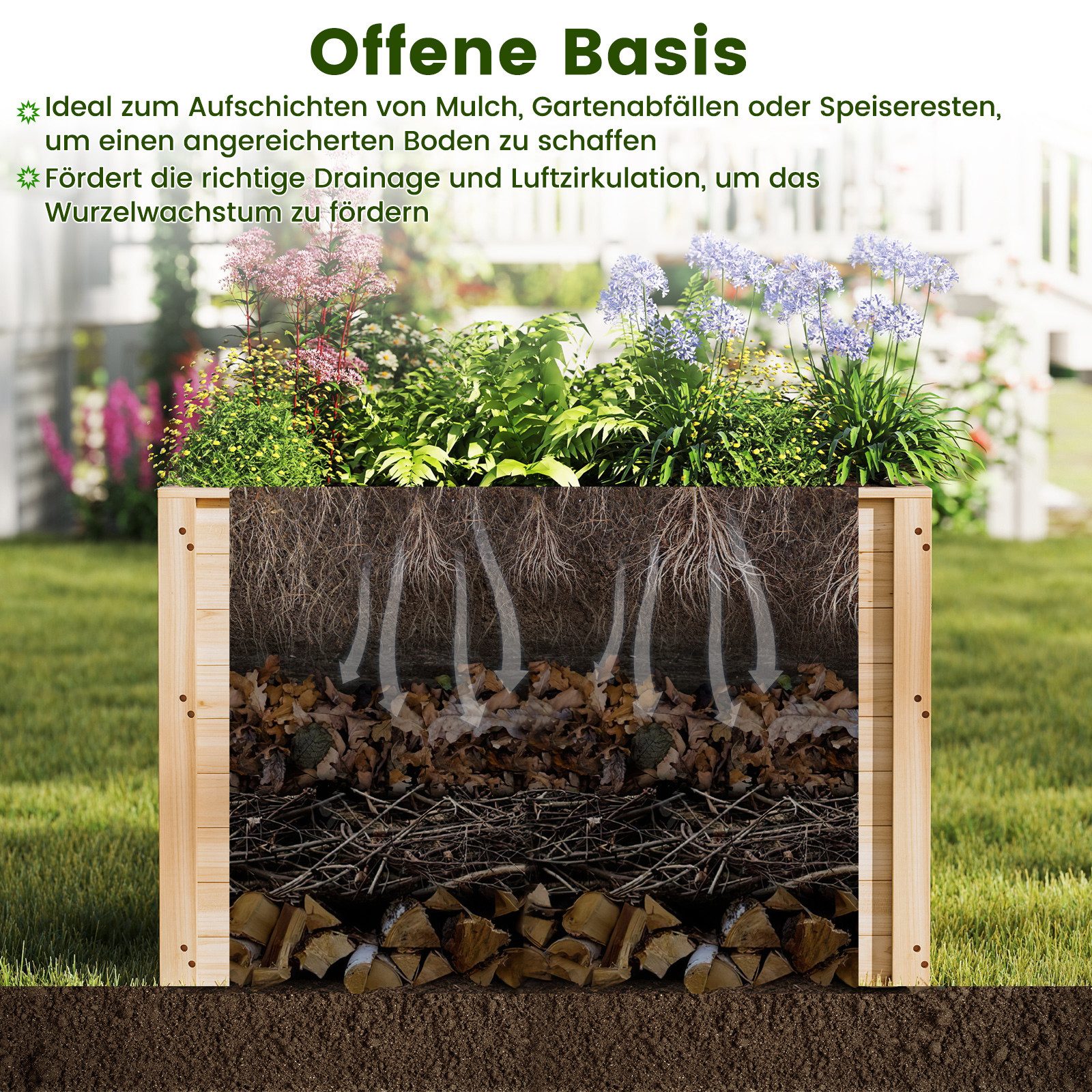 COSTWAY Blumenkasten (1 St), erhöhtes Hochbeet, Pflanzkasten mit offenem Boden, Massivholz