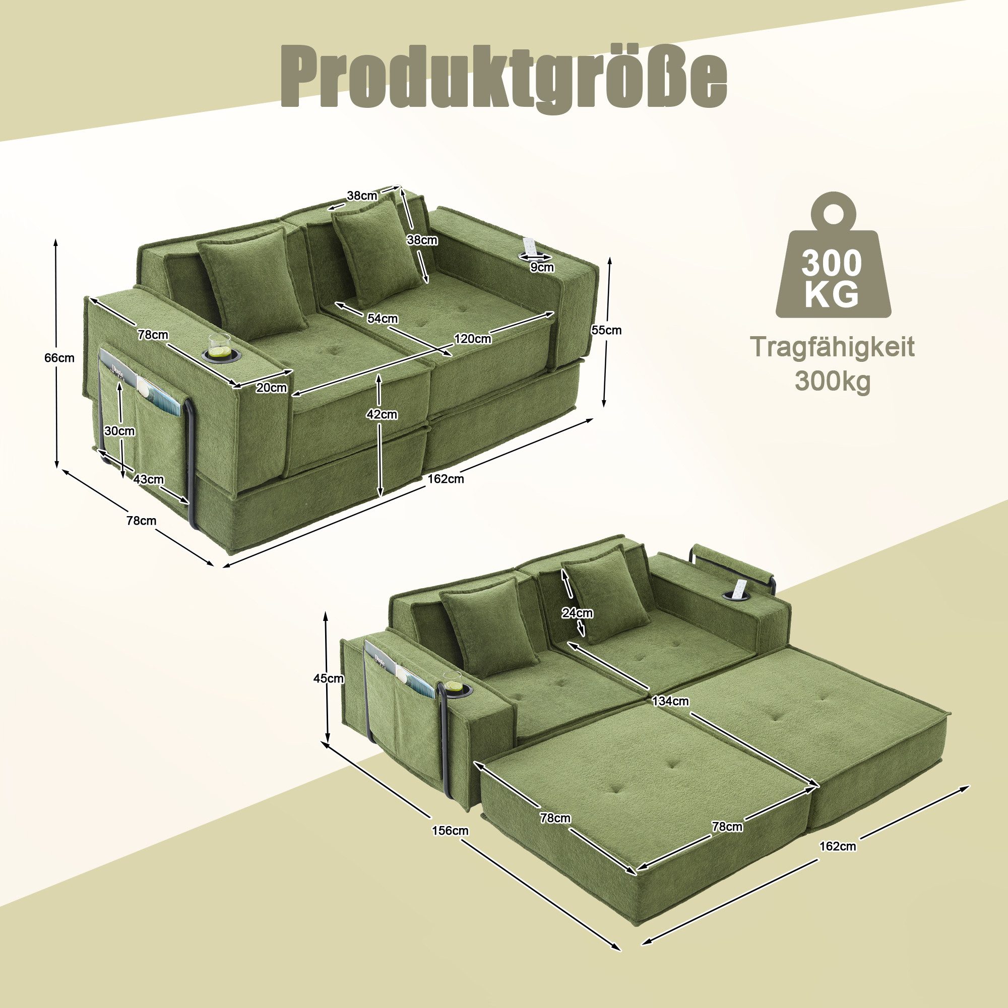 REDOM Sofa Zweisitzer aus Stoff mit 2 Kissen, Doppelschlafsofa inkl. Fußhocker mit Stauraum und Getränkehaltern, Loungesofa Ecksofa