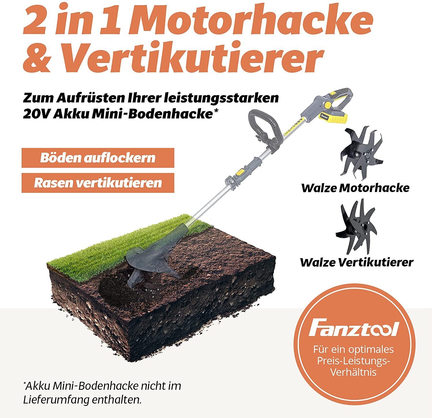 Fanztool Akku-Motorhacke Vertikutierer Aufsatz für Bodenhacke mit 20cm Arbeitsbreite, 20 cm Arbeitsbreite, Packung