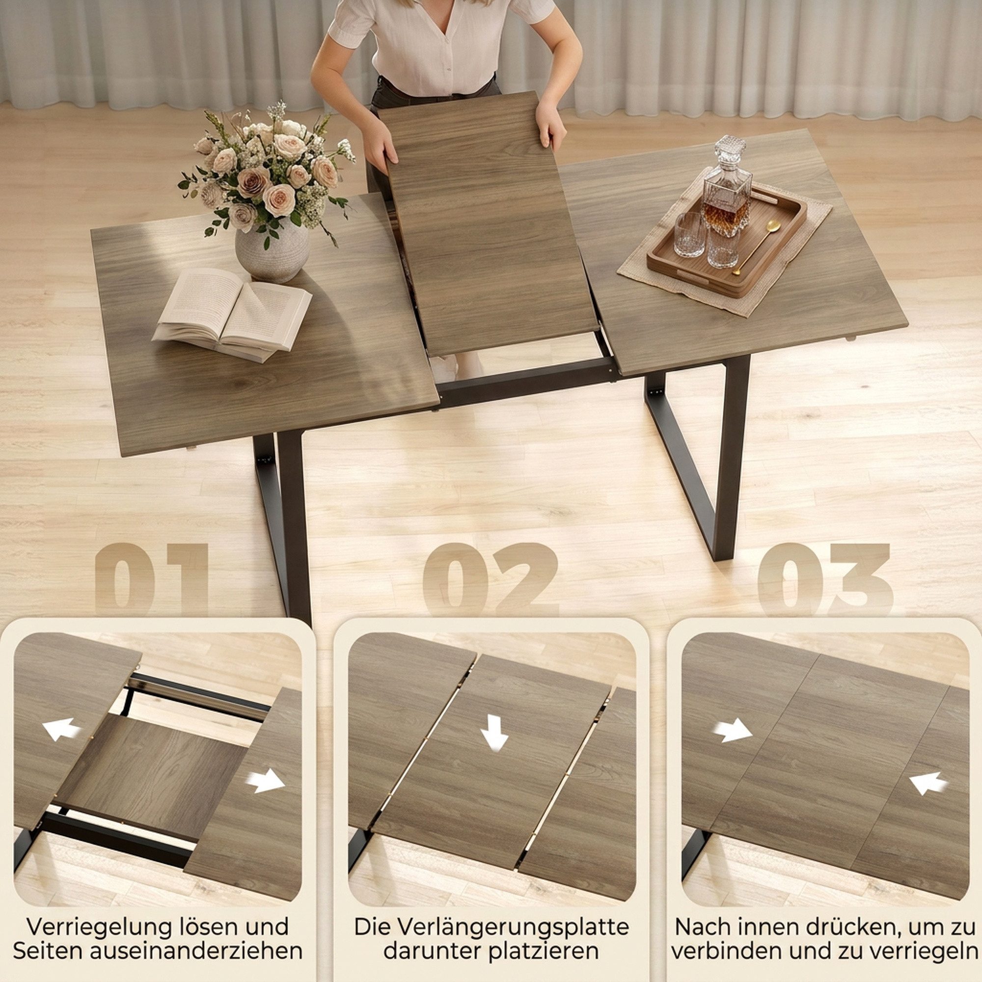 HOMCOM Esstisch ausziehbar Industrial Tisch mit Tischbeine aus Stahl für 6-8 Personen (Esszimmertisch, 1-St., Küchentisch), für Esszimmer, Küche, Braun – Bild 5 von 5