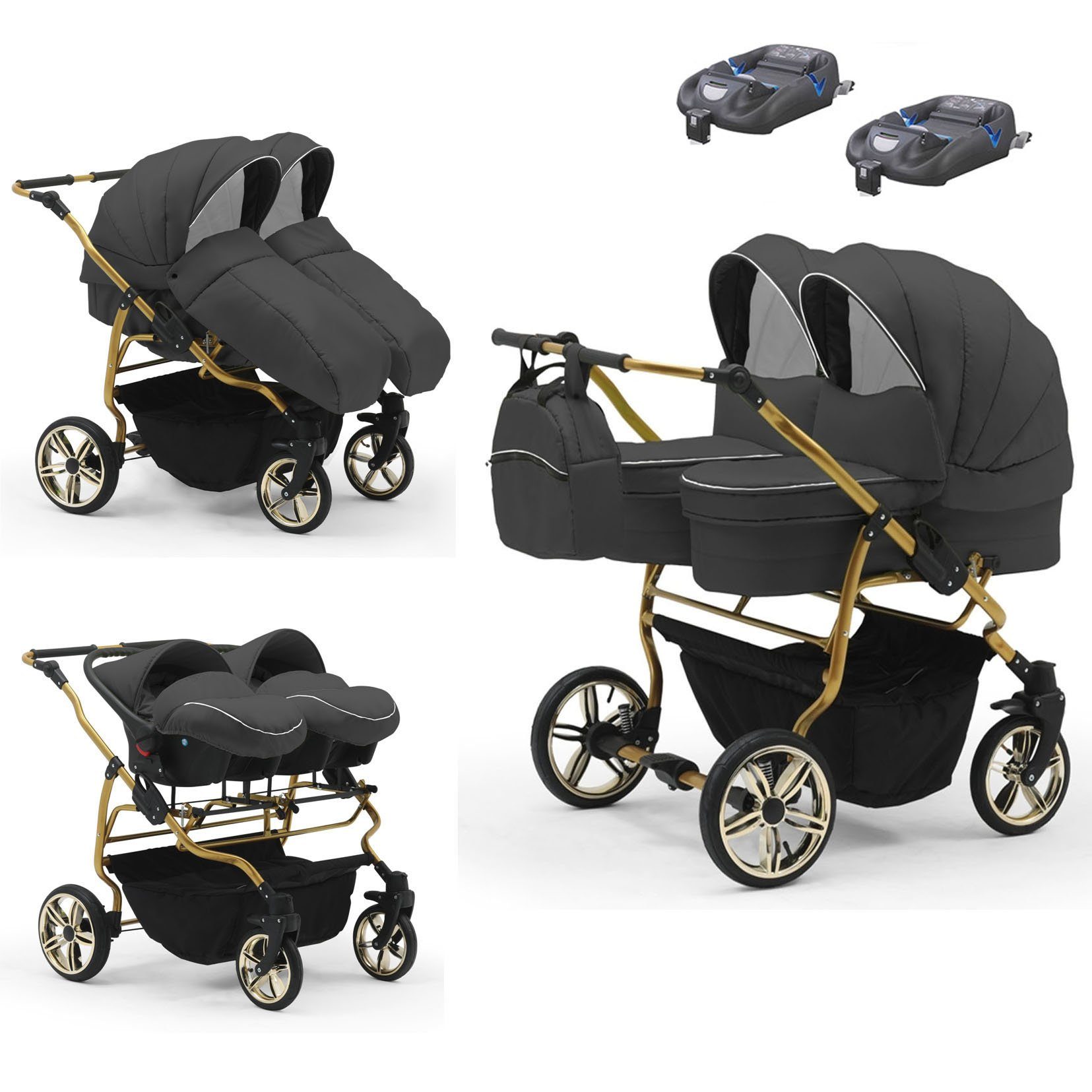 babies-on-wheels Zwillingswagen Zwillingswagen Duet Lux Gold 4 in 1 - 15 Teile - in 33 Farben Dunkelgrau