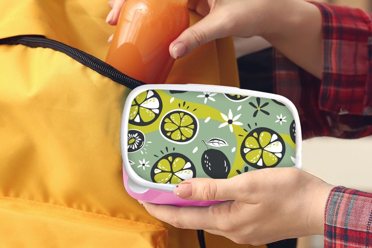 Brotbox Snackbox, - (2-tlg), für Sommer Obst, Erwachsene, Lunchbox Blumen rosa - Kinder, Kunststoff Brotdose Kunststoff, Mädchen, MuchoWow